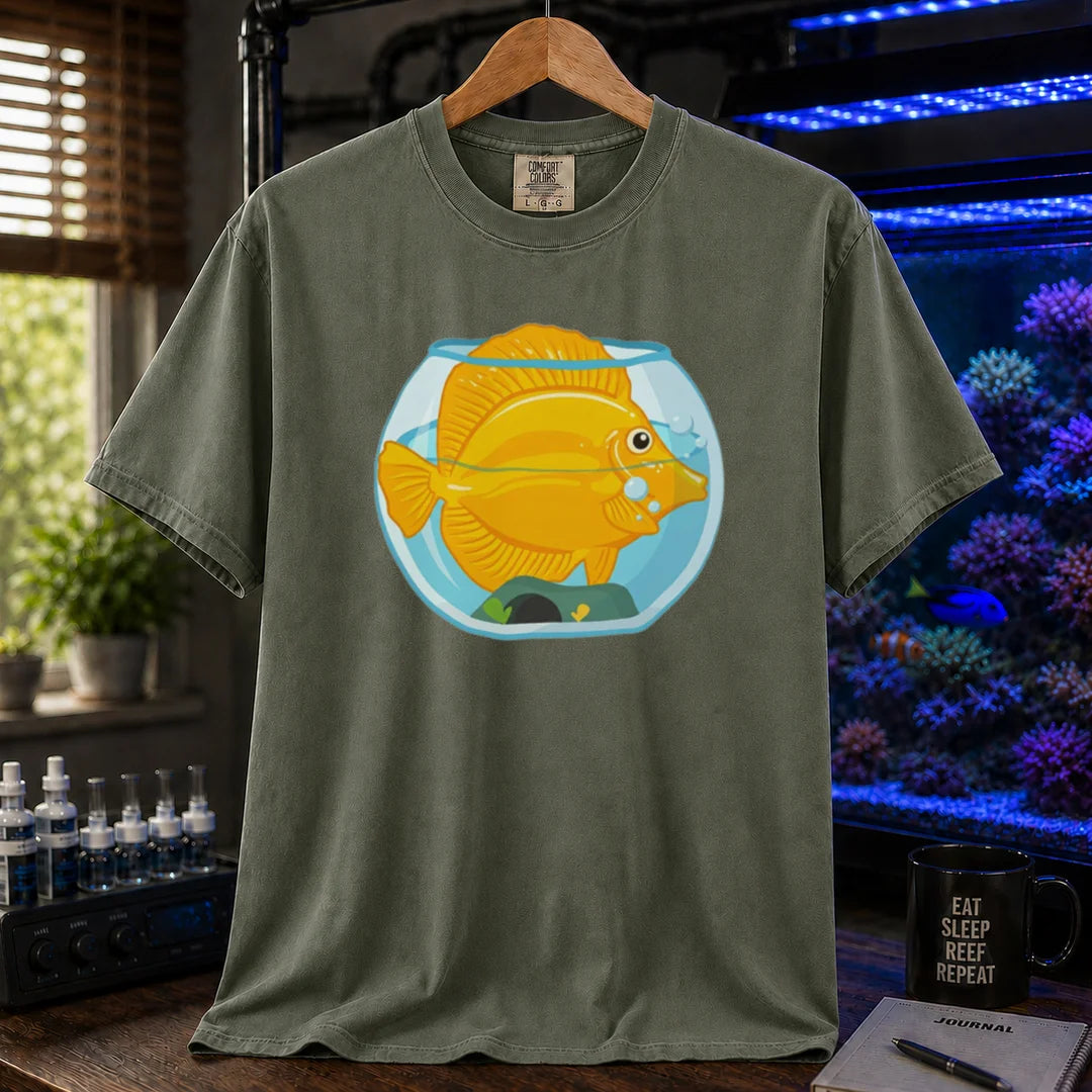 Saltwater aquarium graphic t-shirt featuring a bright yellow Tang fish crammed inside a tiny fishbowl illustration, military green crew neck tee