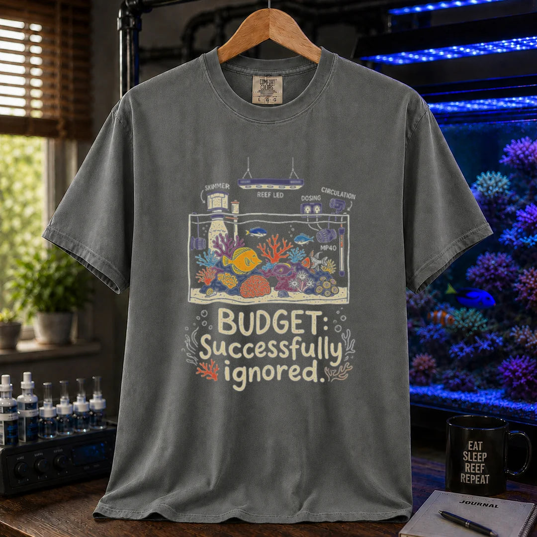 Saltwater aquarium graphic t-shirt featuring a detailed tank schematic with labeled gear and text: BUDGET: Successfully ignored., khaki crew neck tee
