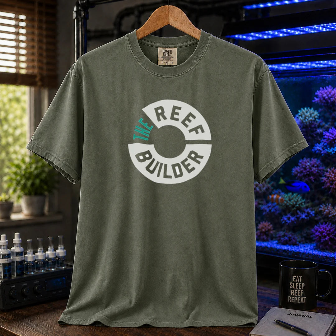 Saltwater aquarium graphic t-shirt featuring a circular badge with teal and white text reading: THE REEF BUILDER, military green crew neck tee