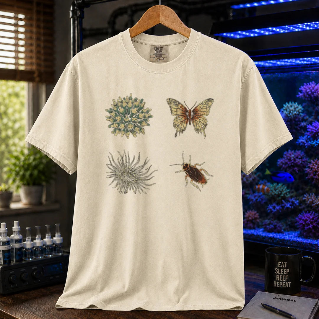 Saltwater aquarium graphic t-shirt featuring a four-panel vintage illustration comparing marine anemones and coral to land insects, ivory crew neck tee