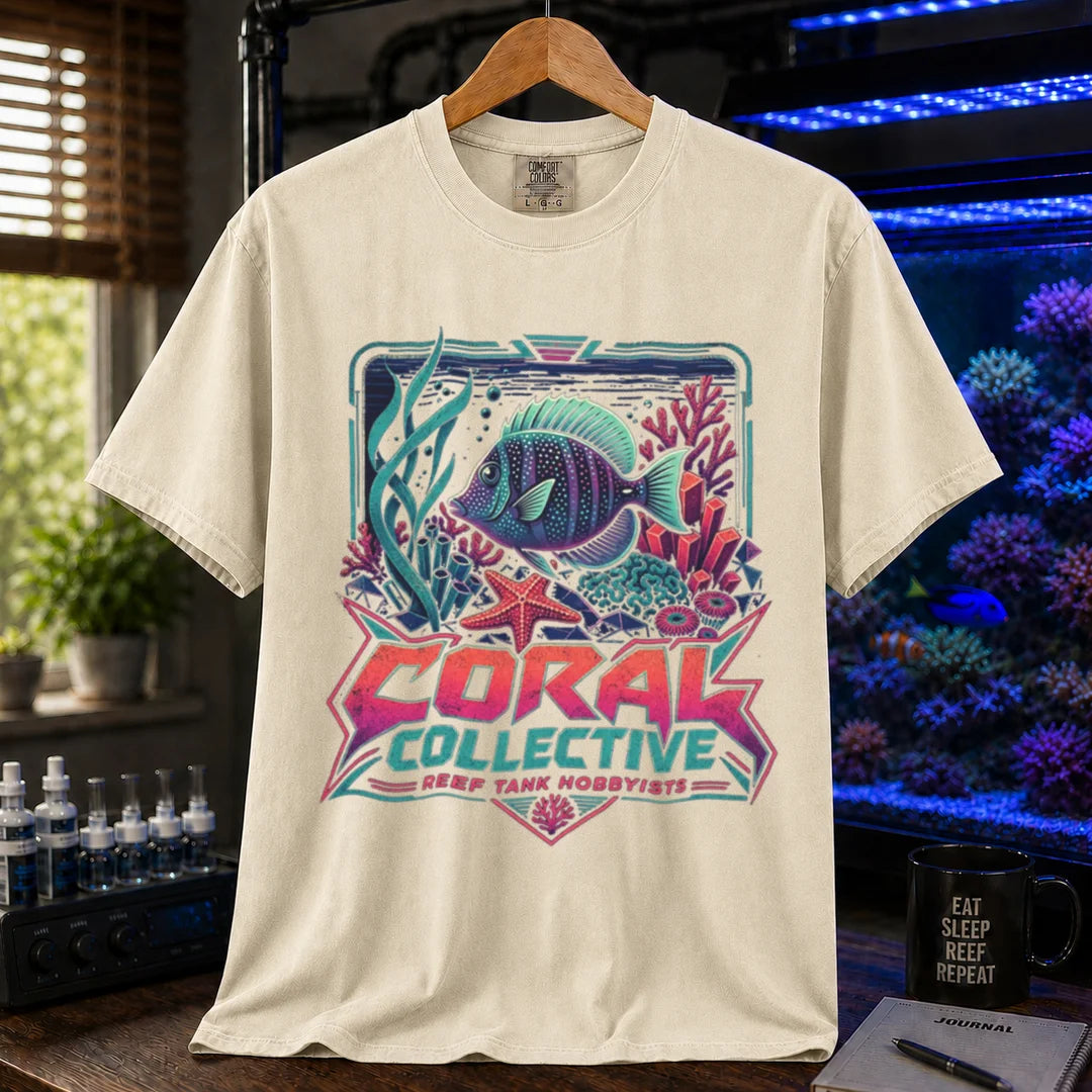 Saltwater aquarium graphic t-shirt featuring a vibrant retro-styled coral reef illustration and text: CORAL COLLECTIVE REEF TANK HOBBYISTS, cream, beige, ivory crew neck tee