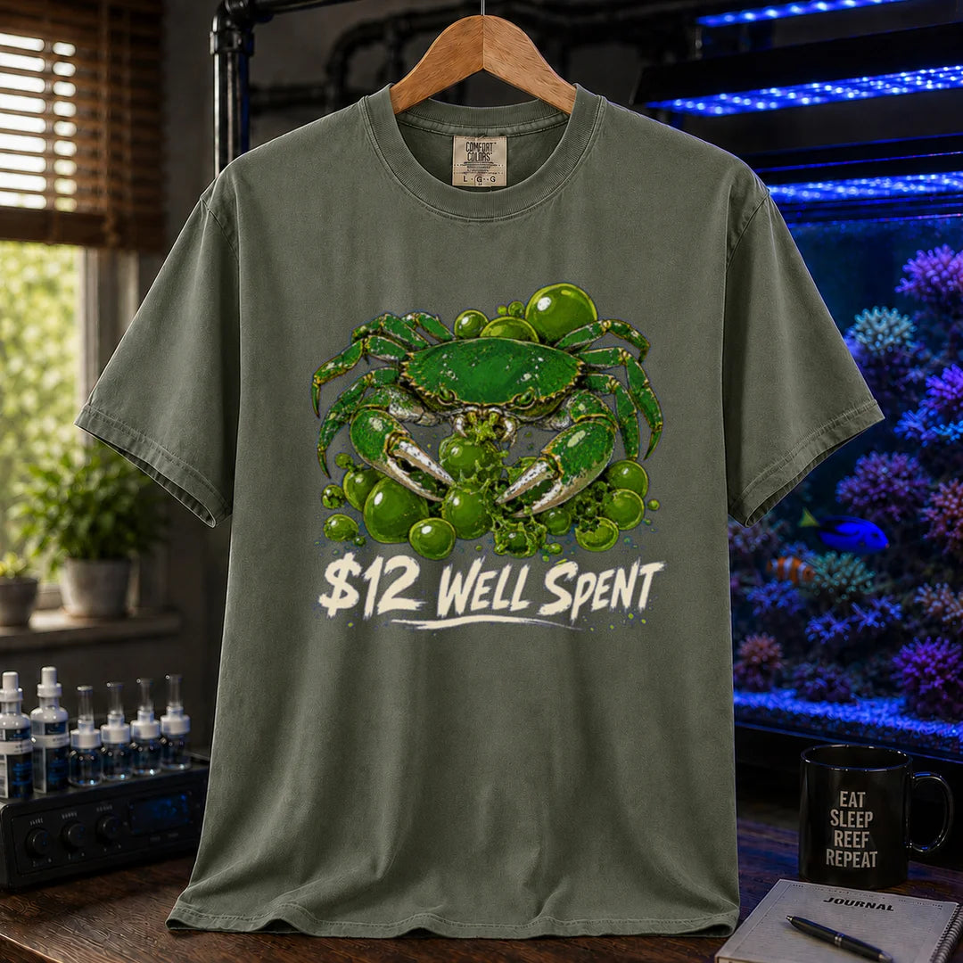 Saltwater aquarium graphic t-shirt featuring an illustration of an emerald crab with text: $12 WELL SPENT, military green crew neck tee