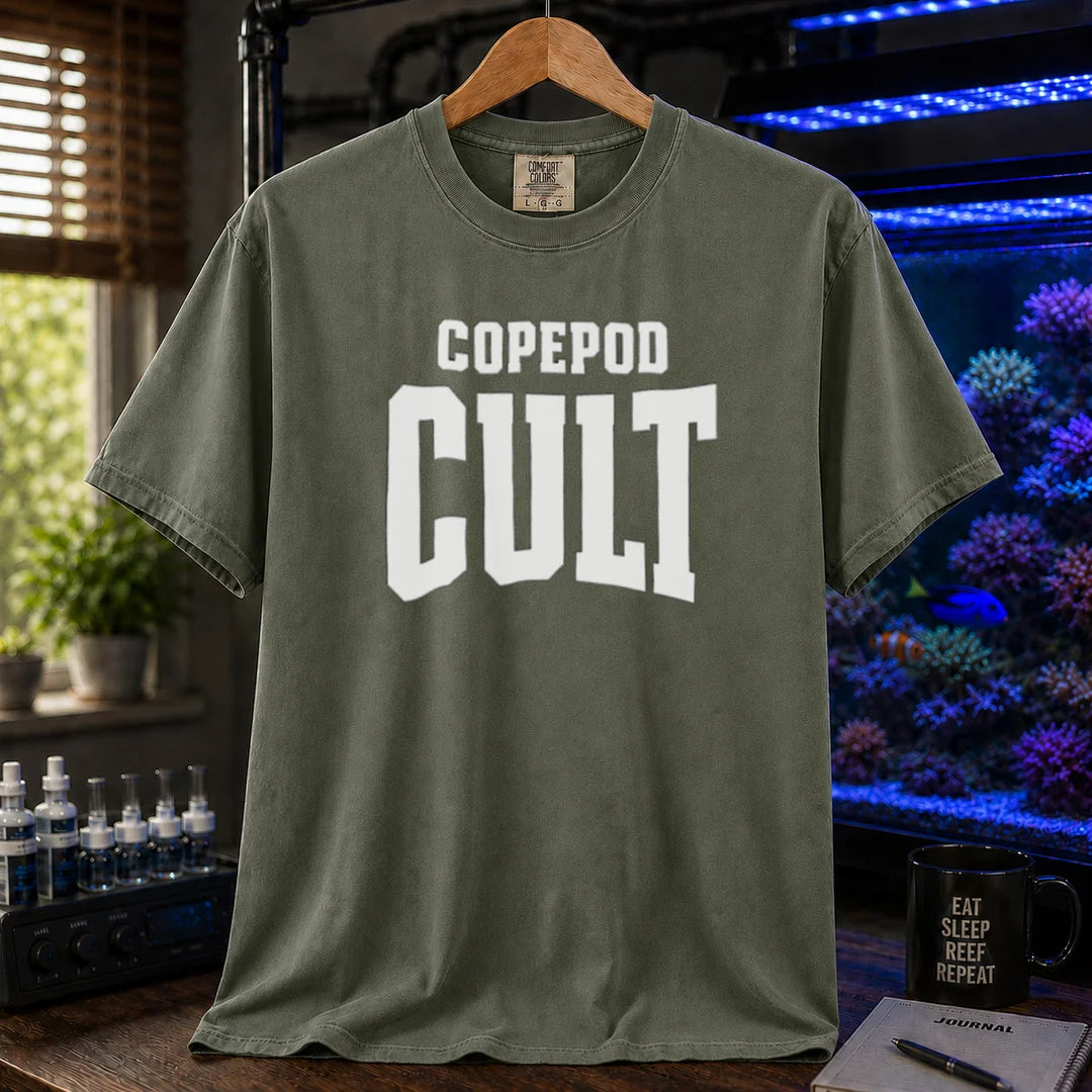 Saltwater aquarium graphic t-shirt featuring bold collegiate text: COPEPOD CULT, military green crew neck tee