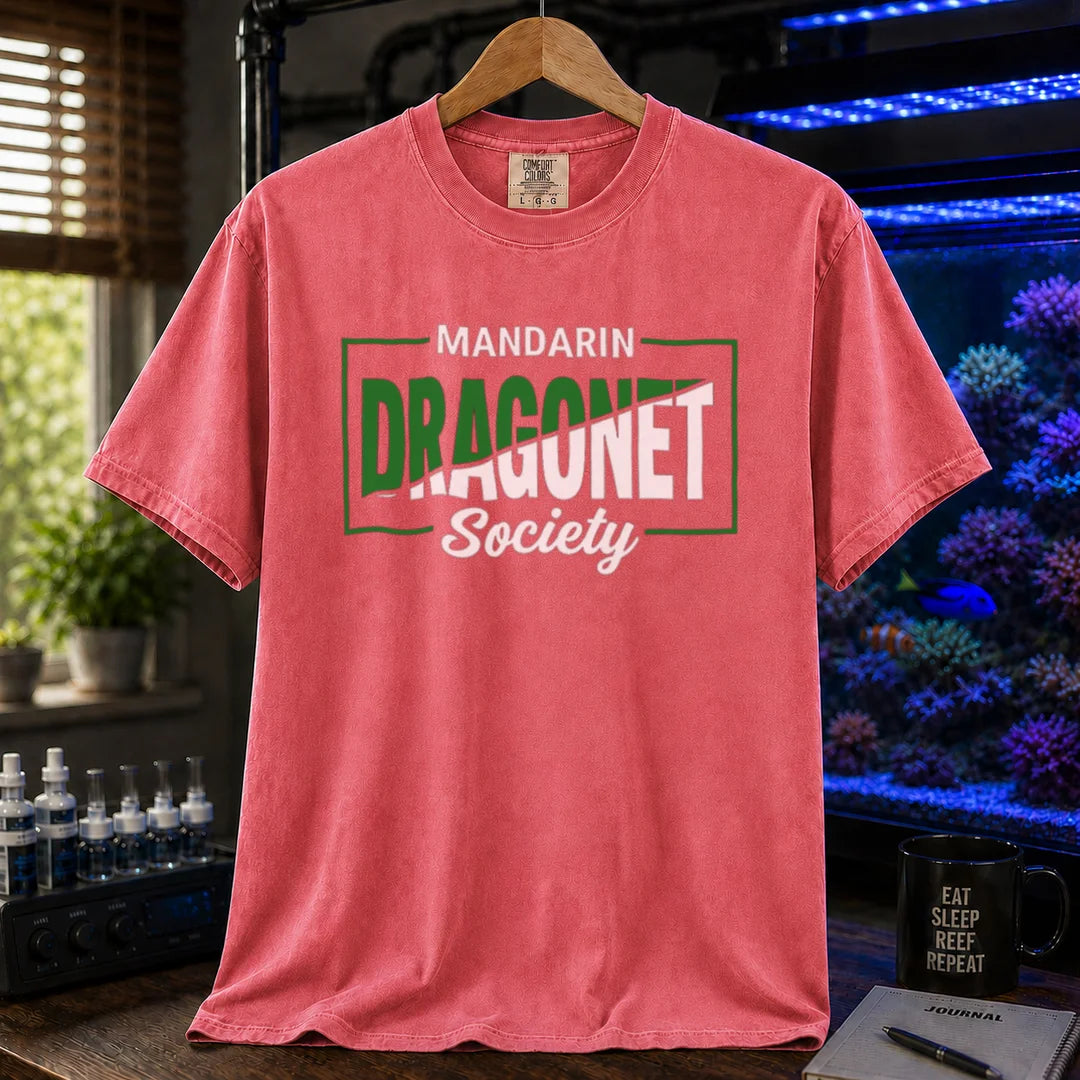 Saltwater aquarium graphic t-shirt featuring framed typography: MANDARIN DRAGONET Society, light red crew neck tee