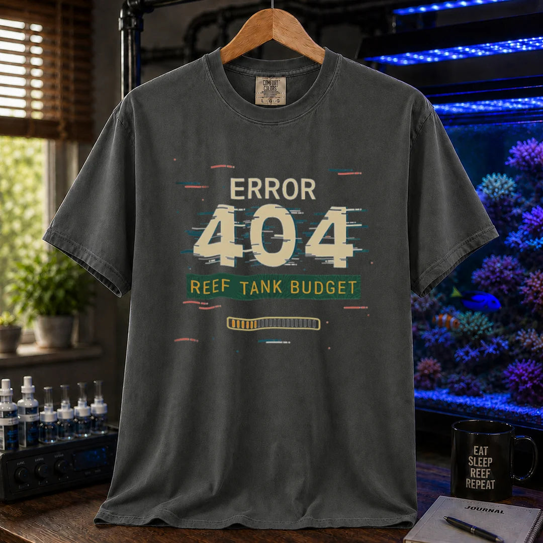 Saltwater aquarium graphic t-shirt featuring a digital glitch effect and text: ERROR 404 REEF TANK BUDGET, grey crew neck tee