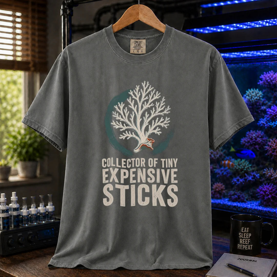 Saltwater aquarium graphic t-shirt featuring an SPS coral illustration and text: COLLECTOR OF TINY EXPENSIVE STICKS, grey crew neck tee
