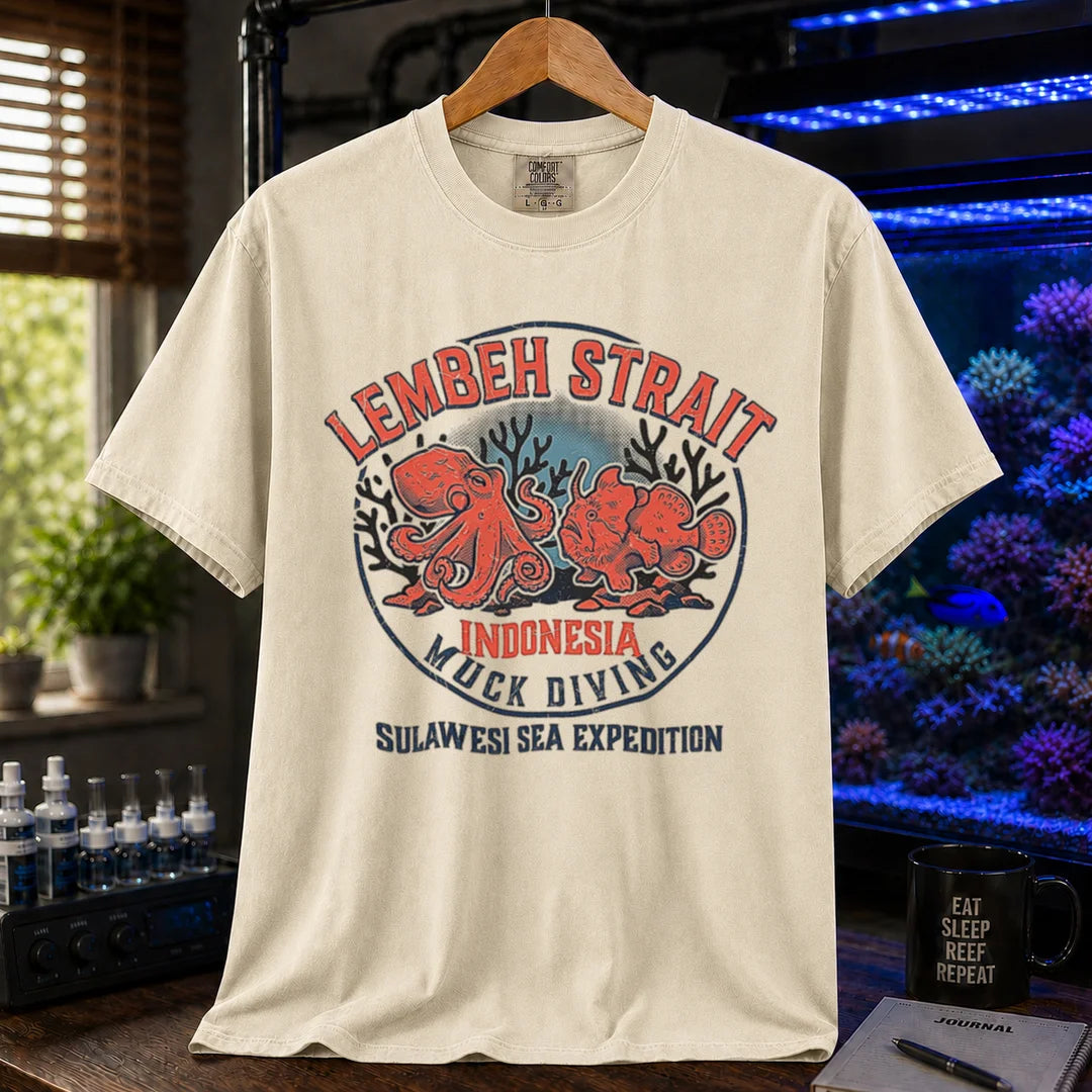 Saltwater aquarium graphic t-shirt featuring an octopus and frogfish illustration with text: LEMBEH STRAIT INDONESIA MUCK DIVING SULAWESI SEA EXPEDITION, cream, beige, ivory crew neck tee