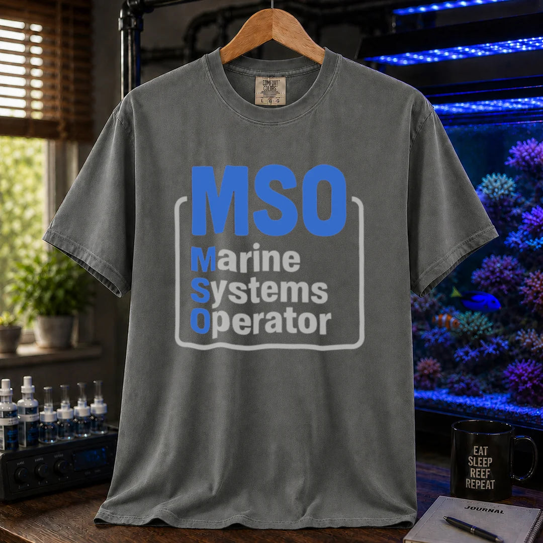 Saltwater aquarium graphic t-shirt featuring a boxed design with text: MSO Marine Systems Operator, dark grey crew neck tee