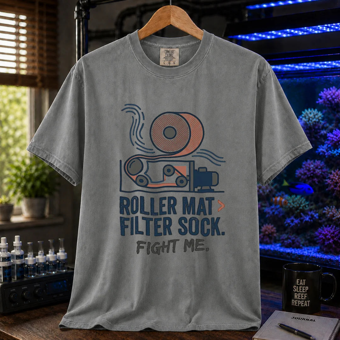 Saltwater aquarium graphic t-shirt featuring an automatic filter roller illustration and text: ROLLER MAT > FILTER SOCK. FIGHT ME., grey crew neck tee