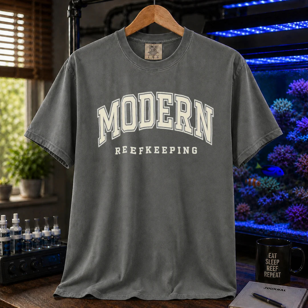 Saltwater aquarium graphic t-shirt featuring collegiate style arch text: MODERN REEFKEEPING, dark grey crew neck tee