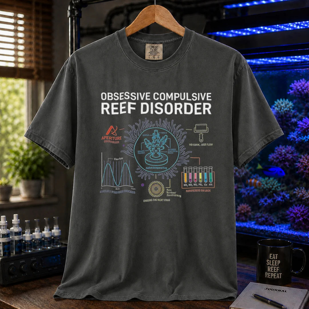 Saltwater aquarium graphic t-shirt featuring a technical blueprint diagram and text: OBSESSIVE COMPULSIVE REEF DISORDER, dark grey crew neck tee