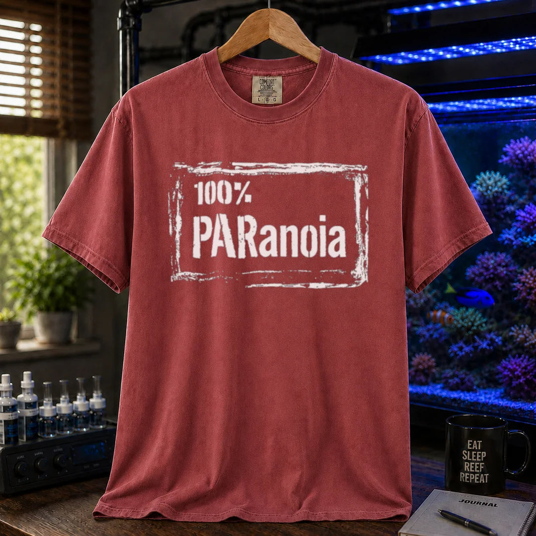 Saltwater aquarium graphic t-shirt featuring a distressed box frame and text: 100% PARANOIA,maroon, red crew neck tee