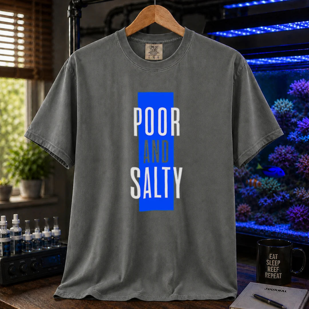 Saltwater aquarium graphic t-shirt featuring a vertical blue block and text: POOR AND SALTY, dark grey crew neck tee