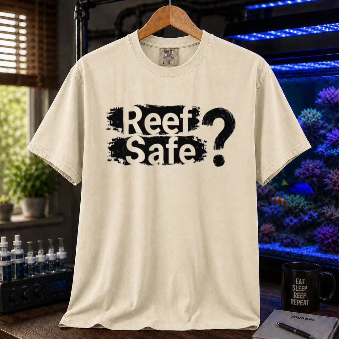 Saltwater aquarium graphic t-shirt featuring distressed text reading Reef Safe? with a question mark, ivory crew neck tee