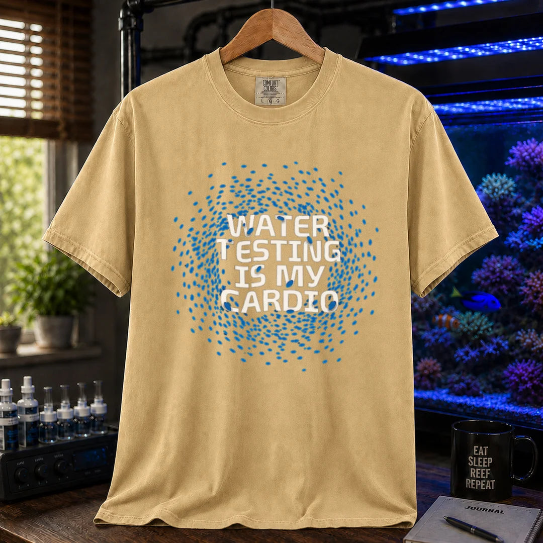Saltwater aquarium graphic t-shirt featuring blue water drop graphics and text: WATER TESTING IS MY CARDIO, mustard crew neck tee