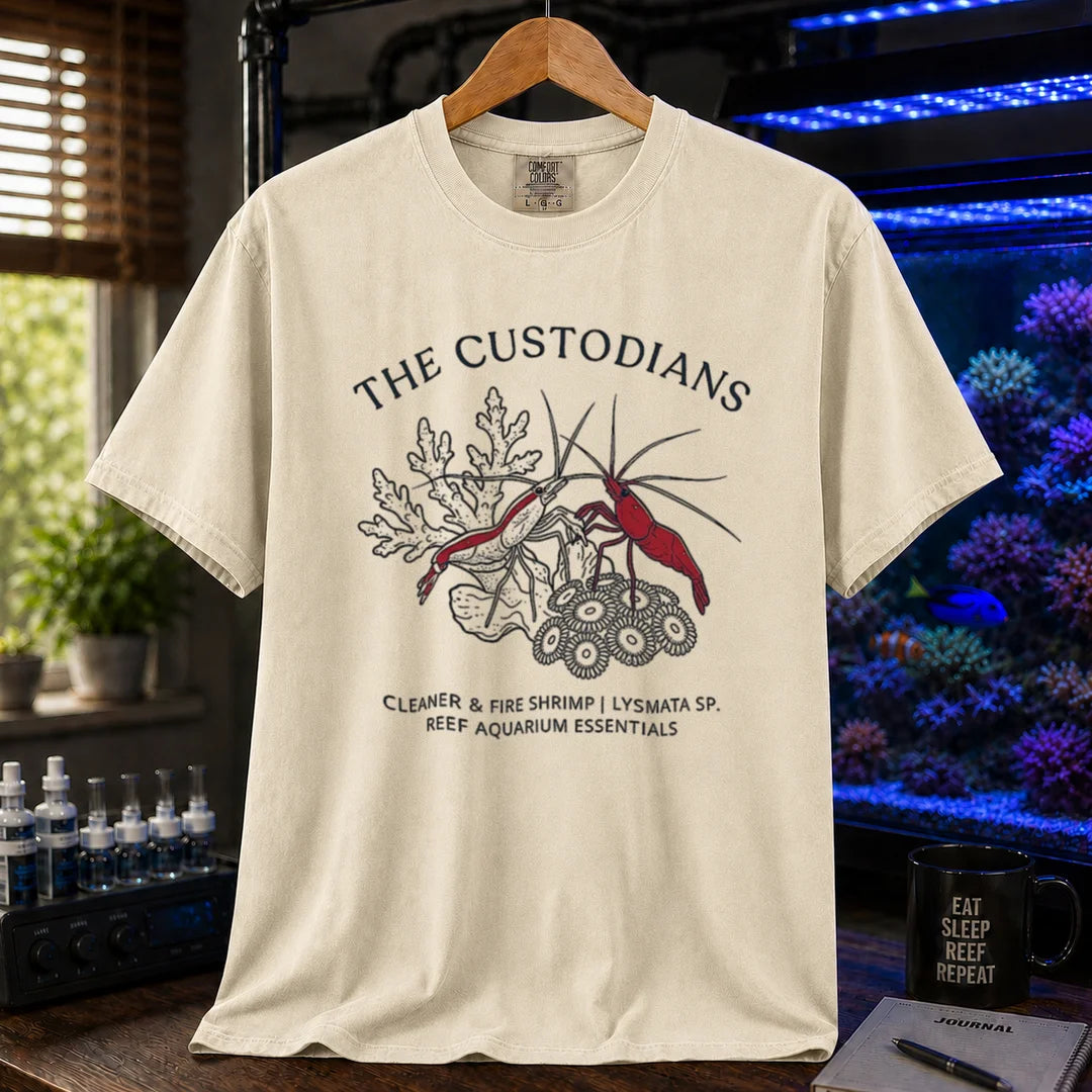 Saltwater aquarium graphic t-shirt featuring cleaner and fire shrimp illustrations with text: THE CUSTODIANS CLEANER & FIRE SHRIMP | LYSMATA SP. REEF AQUARIUM ESSENTIALS, cream, beige, ivory crew neck tee