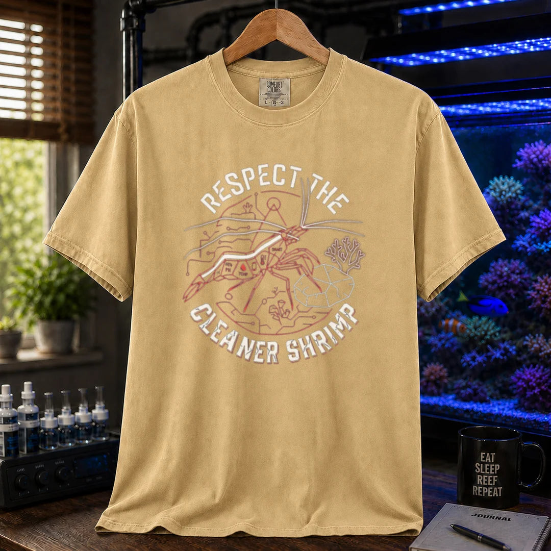Saltwater aquarium graphic t-shirt featuring a schematic cleaner shrimp illustration and text: RESPECT THE CLEANER SHRIMP, mustard crew neck tee