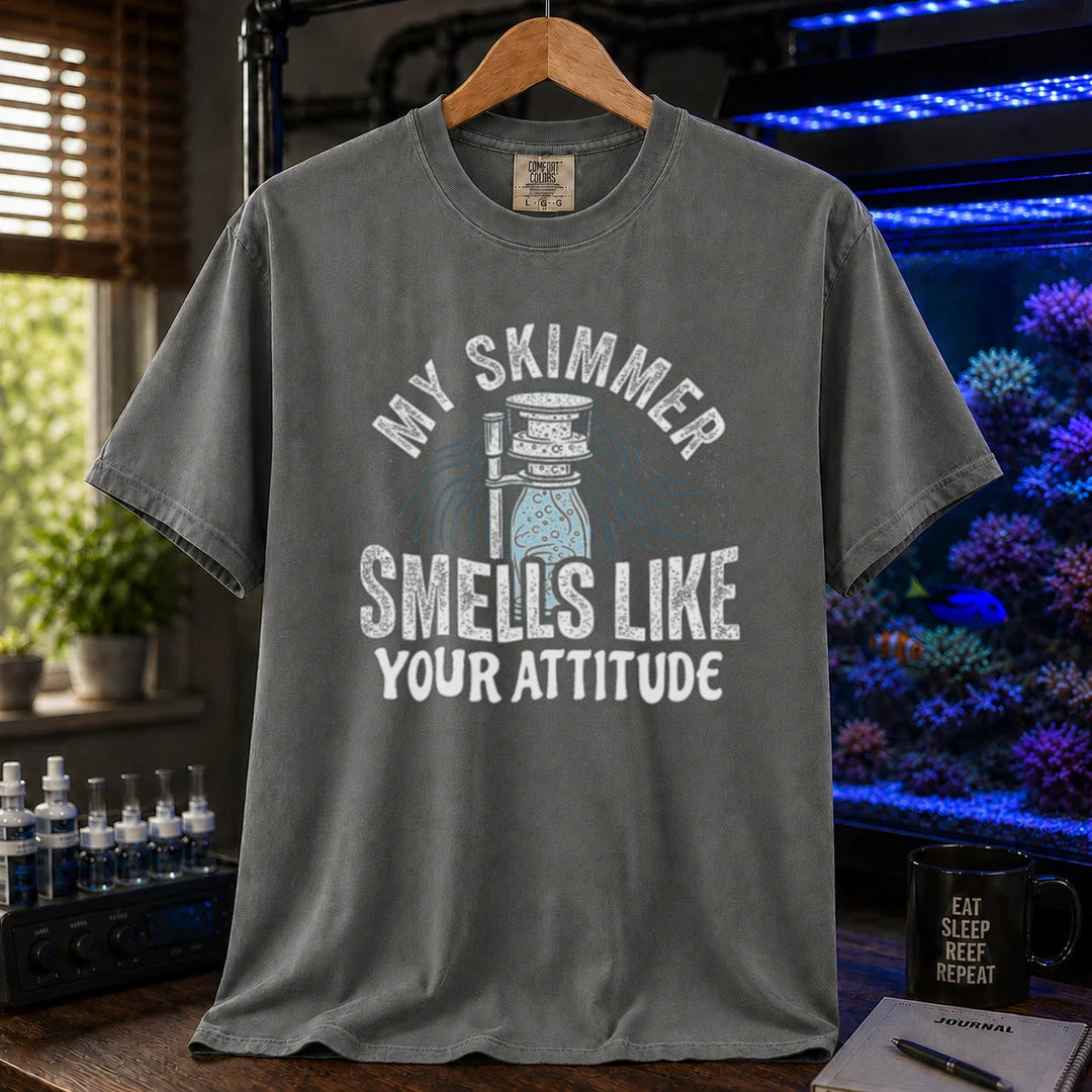 Saltwater aquarium graphic t-shirt featuring a protein skimmer illustration and text: MY SKIMMER SMELLS LIKE YOUR ATTITUDE, dark grey crew neck tee