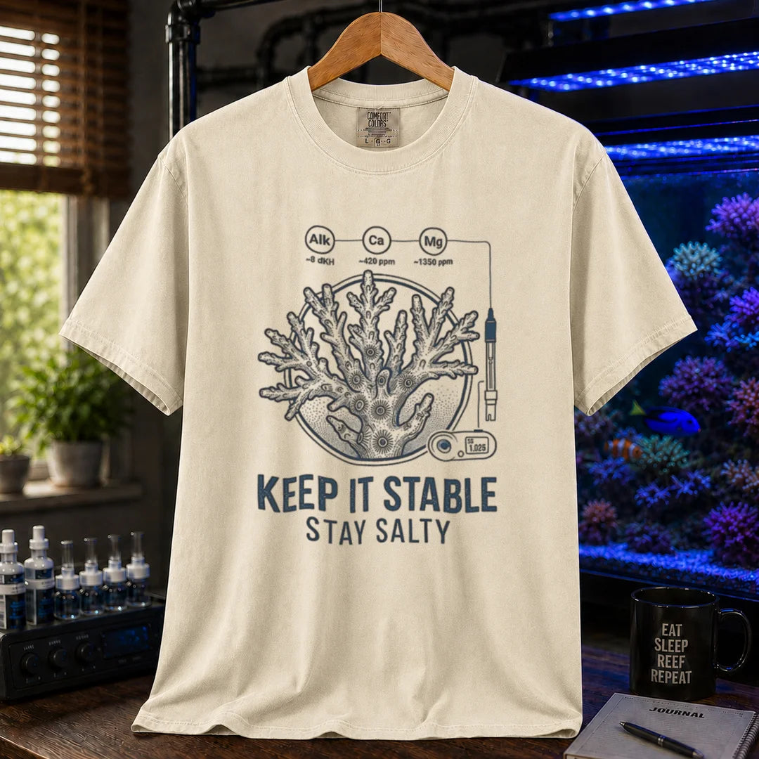 Saltwater aquarium graphic t-shirt featuring a coral illustration with chemical parameter nodes and text: KEEP IT STABLE STAY SALTY, cream, beige, ivory crew neck tee