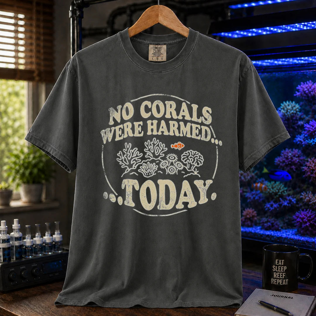 Saltwater aquarium graphic t-shirt featuring a circular badge with corals and text: NO CORALS WERE HARMED... TODAY., dark grey crew neck tee