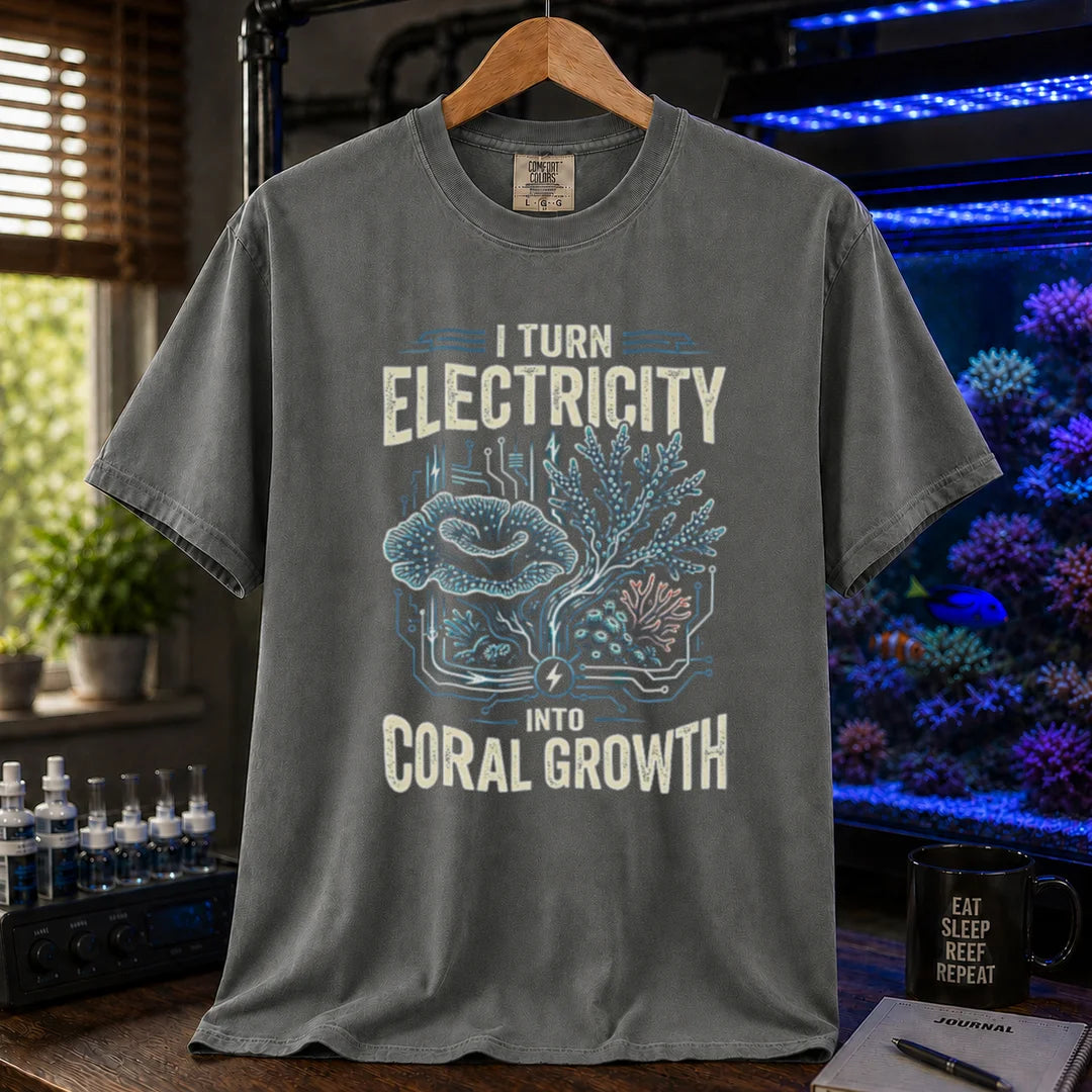 Saltwater aquarium graphic t-shirt featuring circuit board patterns mixed with corals and text: I TURN ELECTRICITY INTO CORAL GROWTH, dark grey crew neck tee