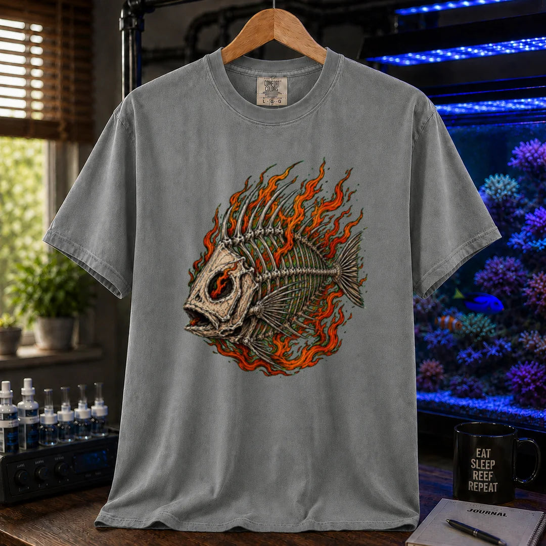 Saltwater aquarium graphic t-shirt featuring an illustration of a fish skeleton wrapped in flames, grey crew neck tee
