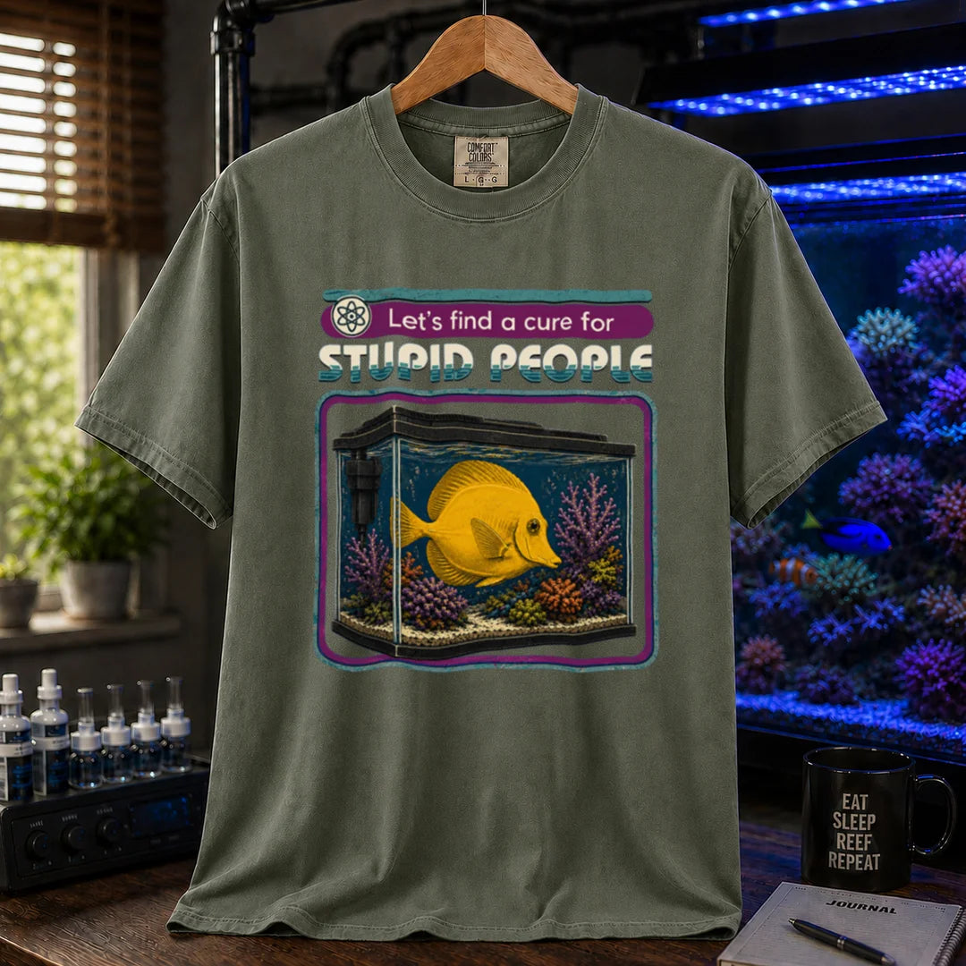 Saltwater aquarium graphic t-shirt featuring retro text reading Let's Find A Cure For Stupid People above an illustration of a yellow tang in a reef tank, military green crew neck tee