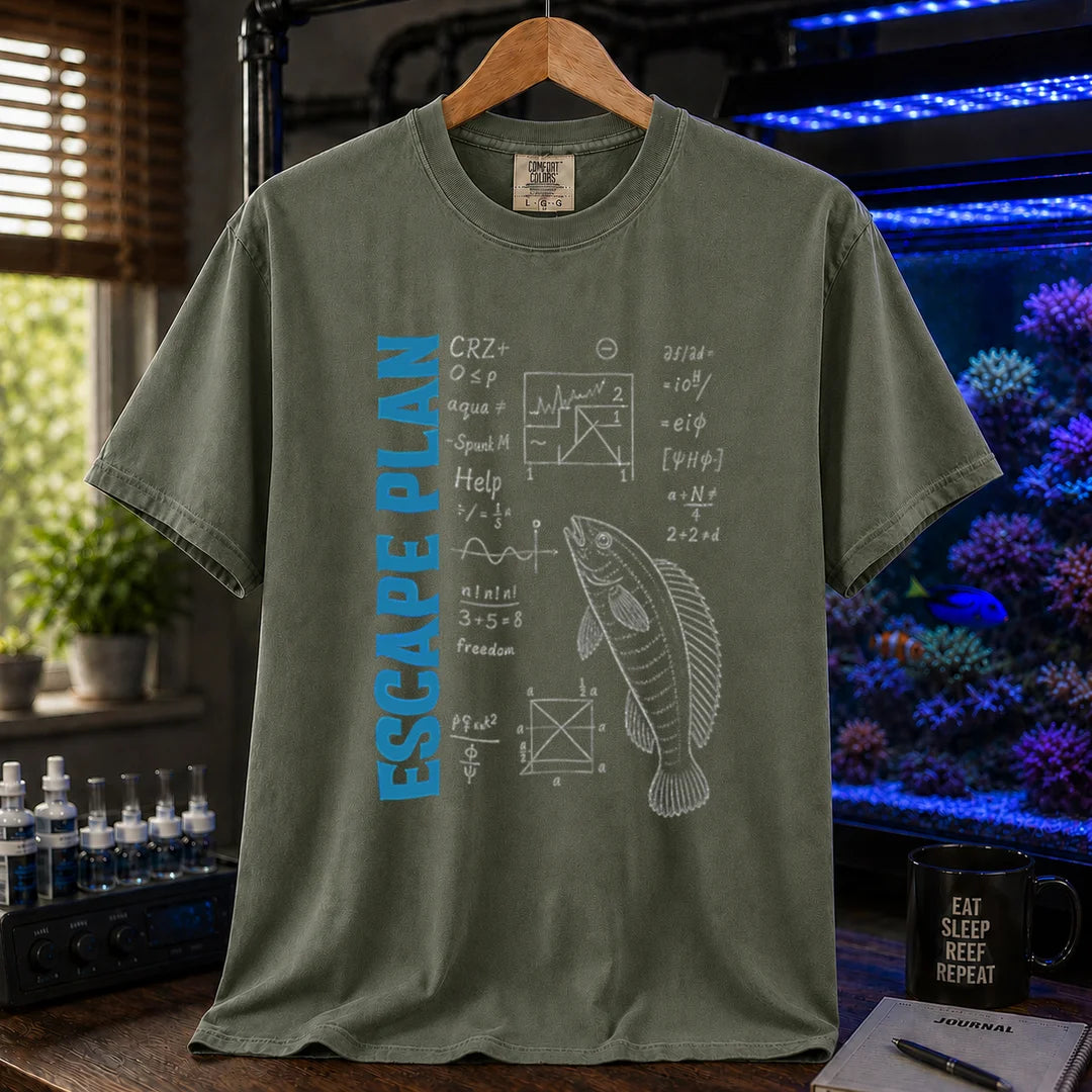 Saltwater aquarium graphic t-shirt featuring blue text reading Escape Plan next to chalkboard math formulas, geometry diagrams, and a fish illustration on a military green shirt