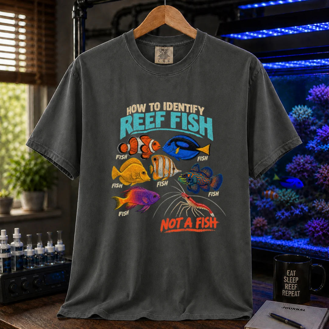 Saltwater aquarium graphic t-shirt featuring typography reading How To Identify Reef Fish above multiple fish labeled Fish and a cleaner shrimp labeled Not A Fish on a dark grey shirt