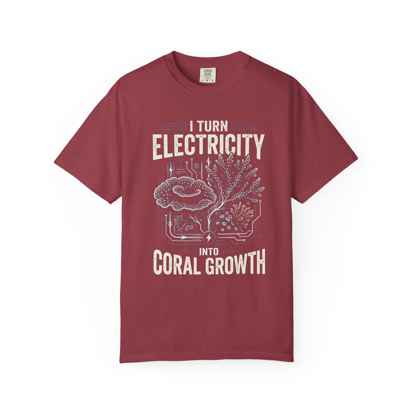 Broke Reefers graphic t-shirt featuring a fusion of circuit board lines and coral illustrations with the text: I TURN ELECTRICITY INTO CORAL GROWTH, maroon crew neck tee