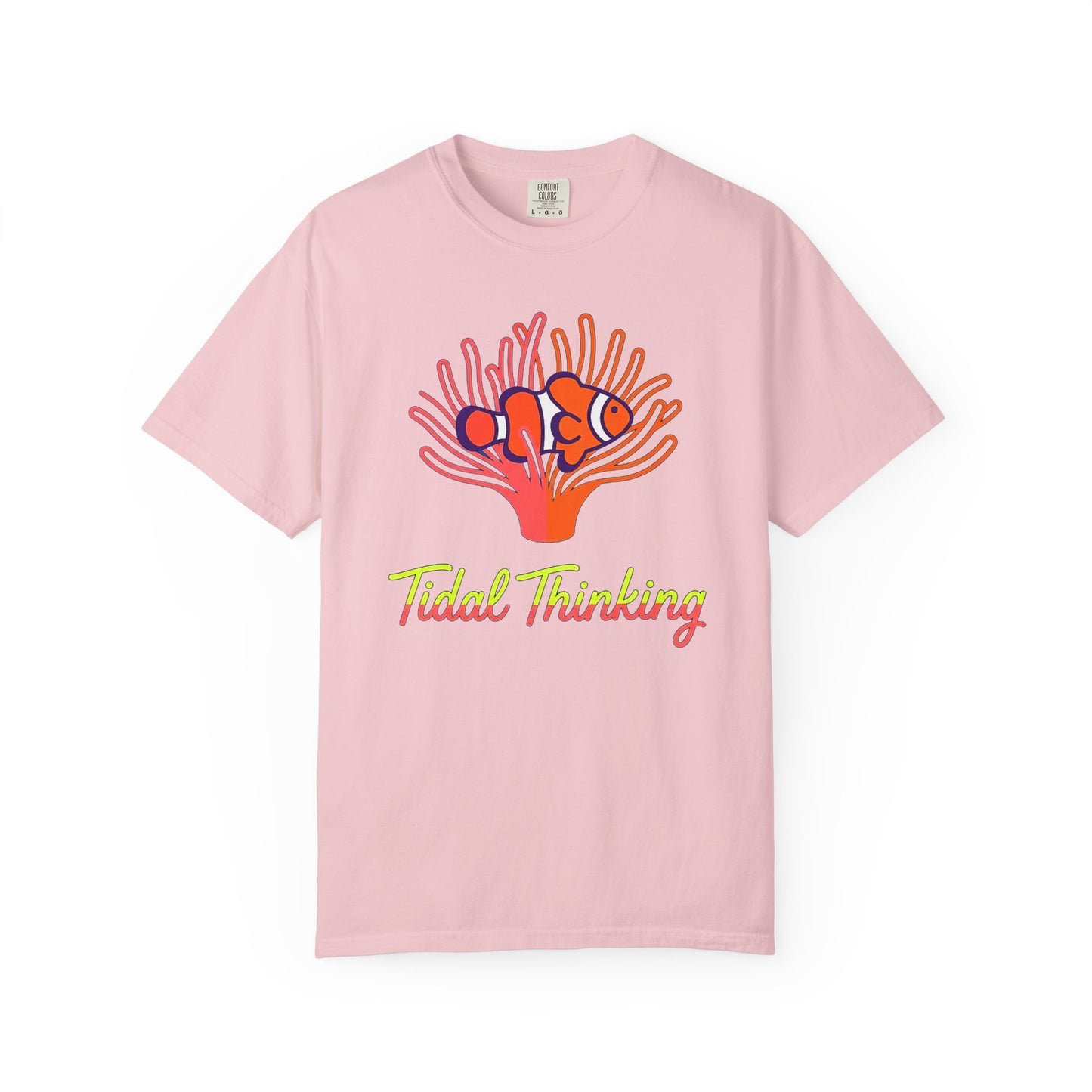 Broke Reefers saltwater aquarium graphic t-shirt featuring a vibrant illustration of a clownfish in an anemone with the text: Tidal Thinking, pink crew neck tee