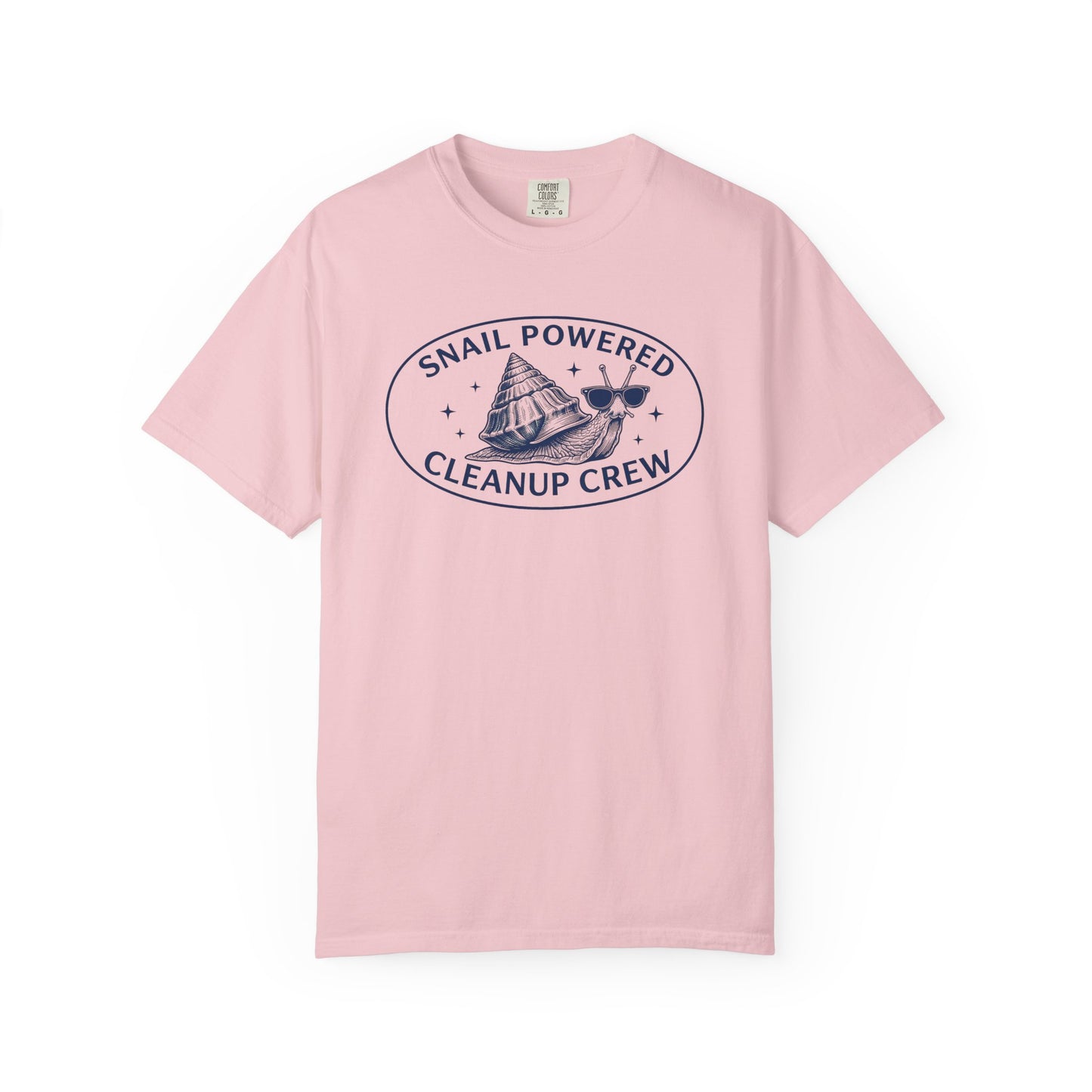 Broke Reefers saltwater aquarium graphic t-shirt featuring an illustration of a cool snail with sunglasses and the text: SNAIL POWERED CLEANUP CREW, pink crew neck tee