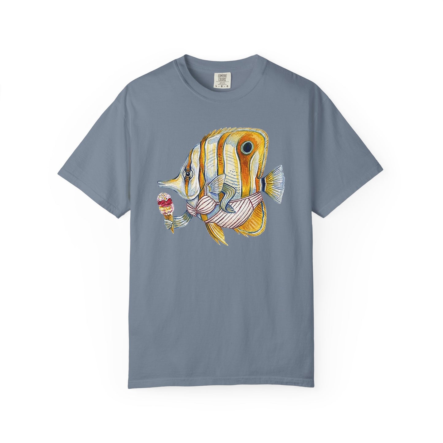 Broke Reefers saltwater aquarium graphic t-shirt featuring a unique, hand-painted style illustration of a Copperband Butterflyfish wearing a bikini and holding an ice cream cone, blue crew neck tee
