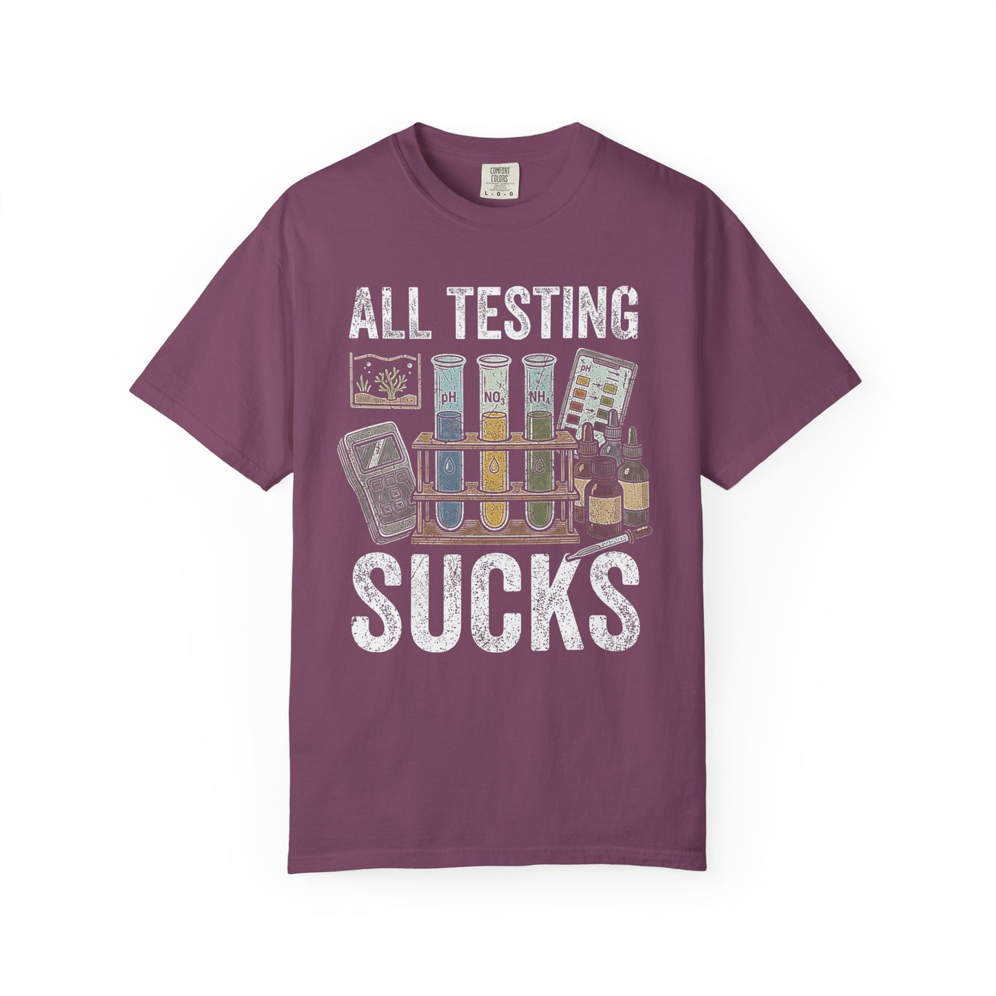 Broke Reefers graphic t-shirt featuring a vintage-style illustration of aquarium water testing equipment with the text: ALL TESTING SUCKS, purple crew neck tee