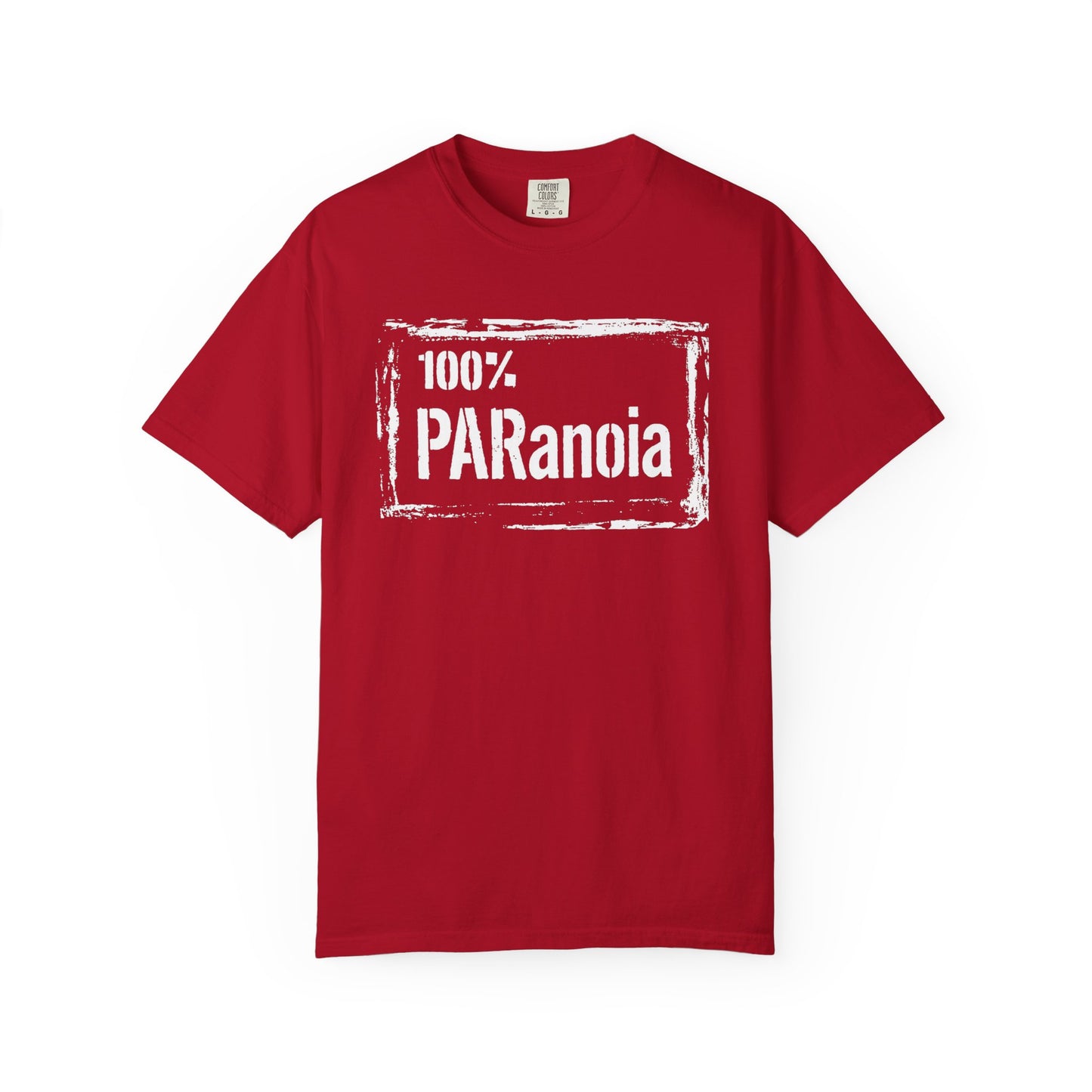 Broke Reefers saltwater aquarium graphic t-shirt featuring a distressed-frame design with the text: 100% PARANOIA, red crew neck tee
