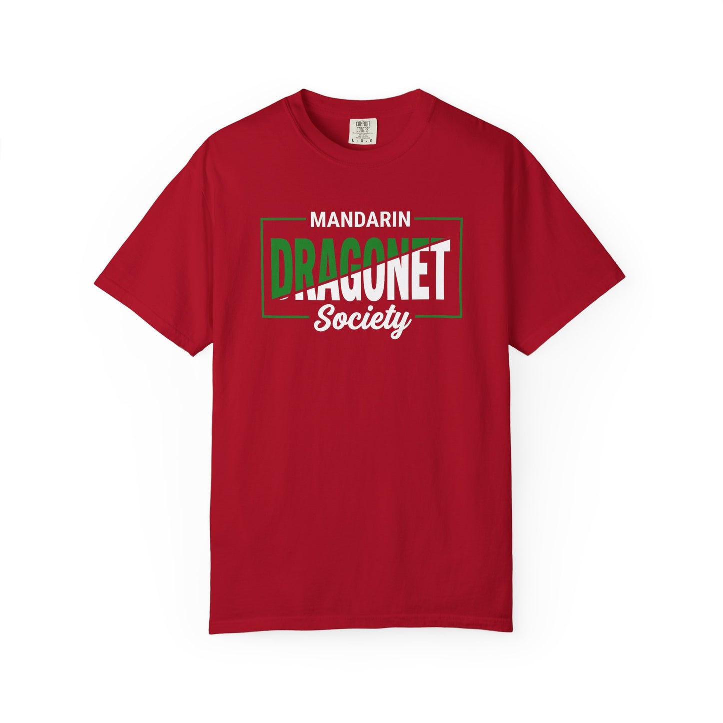 Broke Reefers saltwater aquarium graphic t-shirt featuring modern, bold typography that reads: MANDARIN DRAGONET Society, red crew neck tee