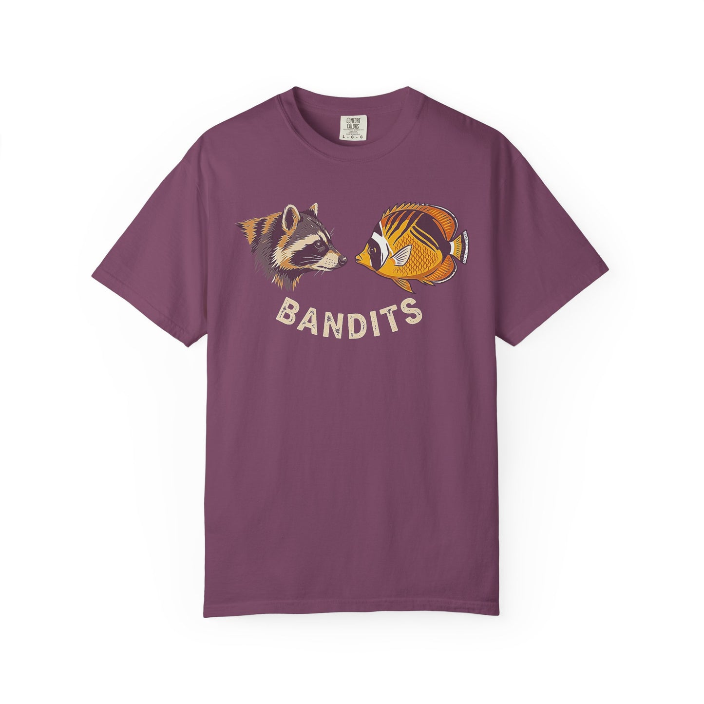 Broke Reefers saltwater aquarium graphic t-shirt featuring a paired illustration of a raccoon and a Raccoon Butterflyfish with the text: BANDITS, purple crew neck tee