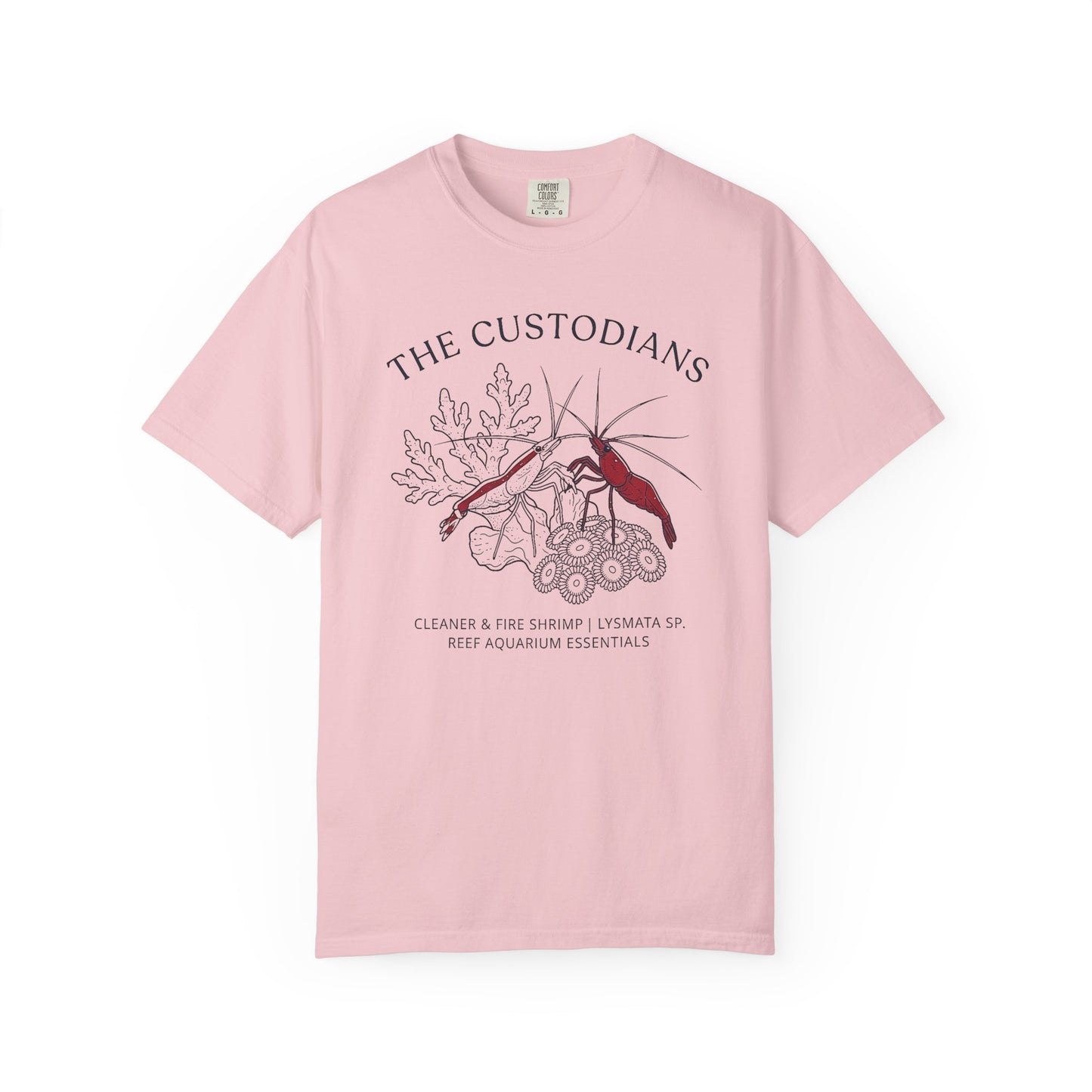 Broke Reefers saltwater aquarium graphic t-shirt featuring a detailed illustration of a Cleaner Shrimp and a Fire Shrimp on coral with the text: THE CUSTODIANS, CLEANER & FIRE SHRIMP | LYSMATA SP. REEF AQUARIUM ESSENTIALS, pink crew neck tee