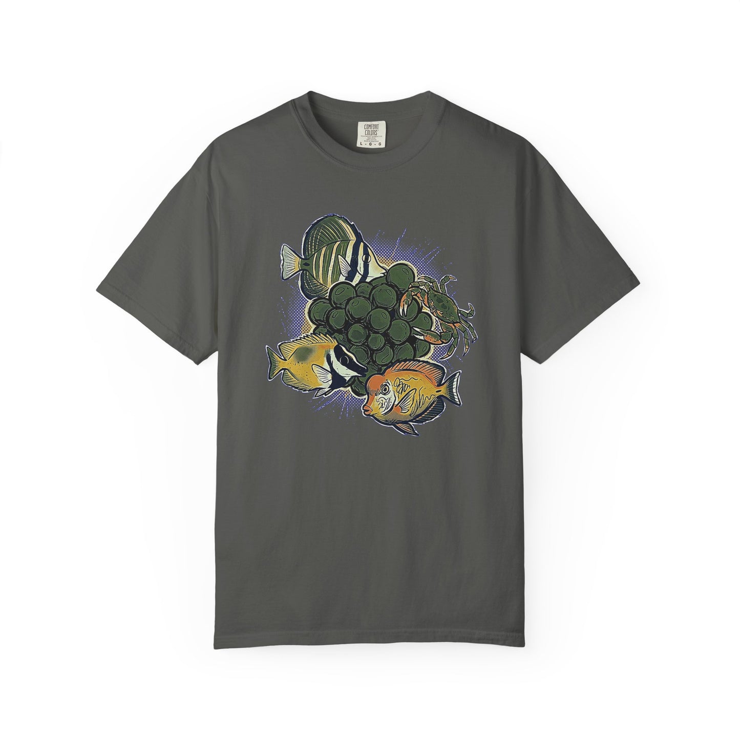 Broke Reefers graphic t-shirt featuring a vibrant illustration of a crab and various fish surrounding a cluster of bubble algae, dark khaki crew neck tee