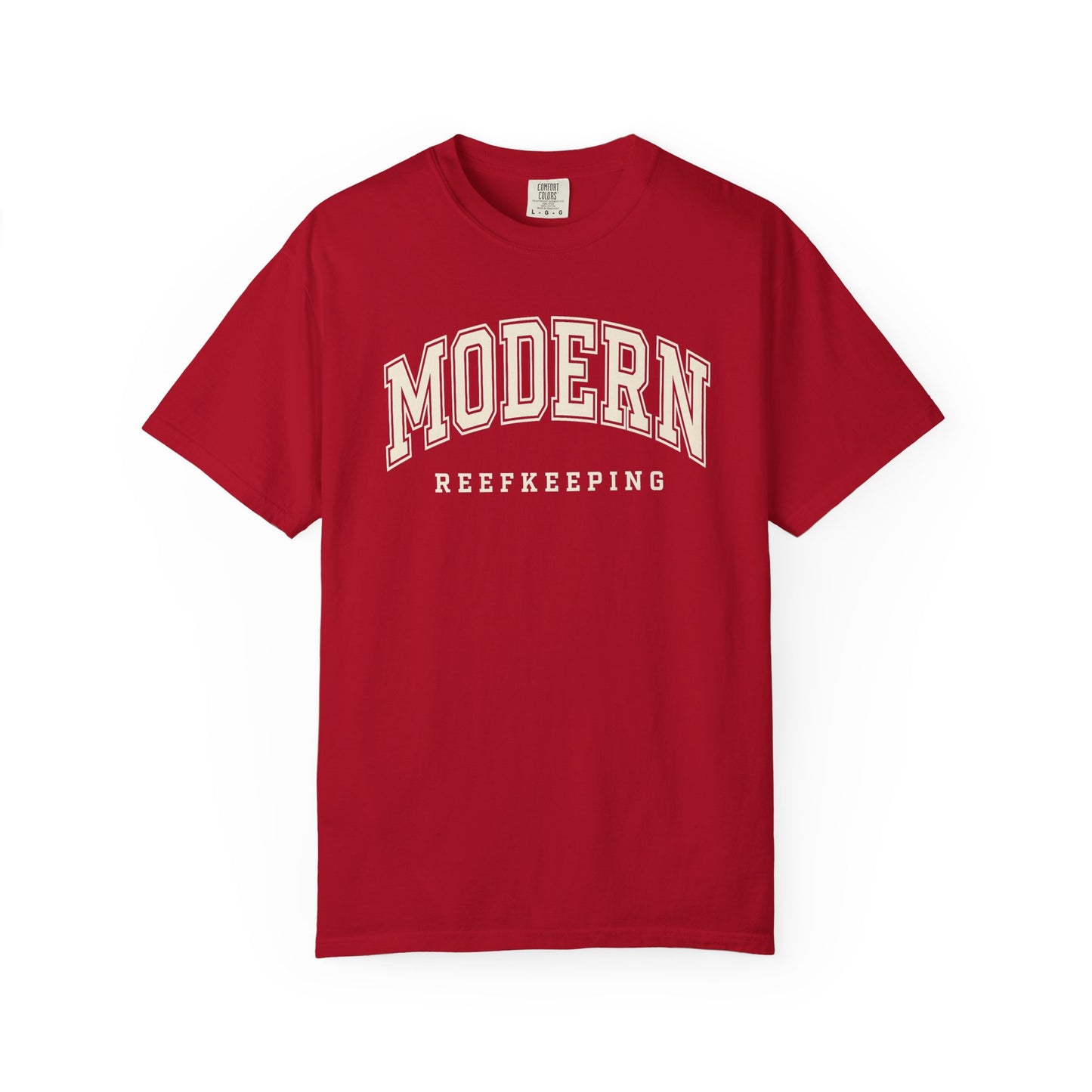 Broke Reefers saltwater aquarium graphic t-shirt featuring classic, arched collegiate-style text that reads: MODERN REEFKEEPING, red crew neck tee