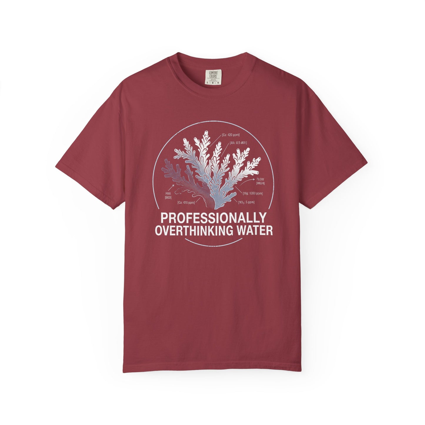 Broke Reefers graphic t-shirt featuring a detailed coral schematic with parameter callouts and the text: PROFESSIONALLY OVERTHINKING WATER, maroon crew neck tee