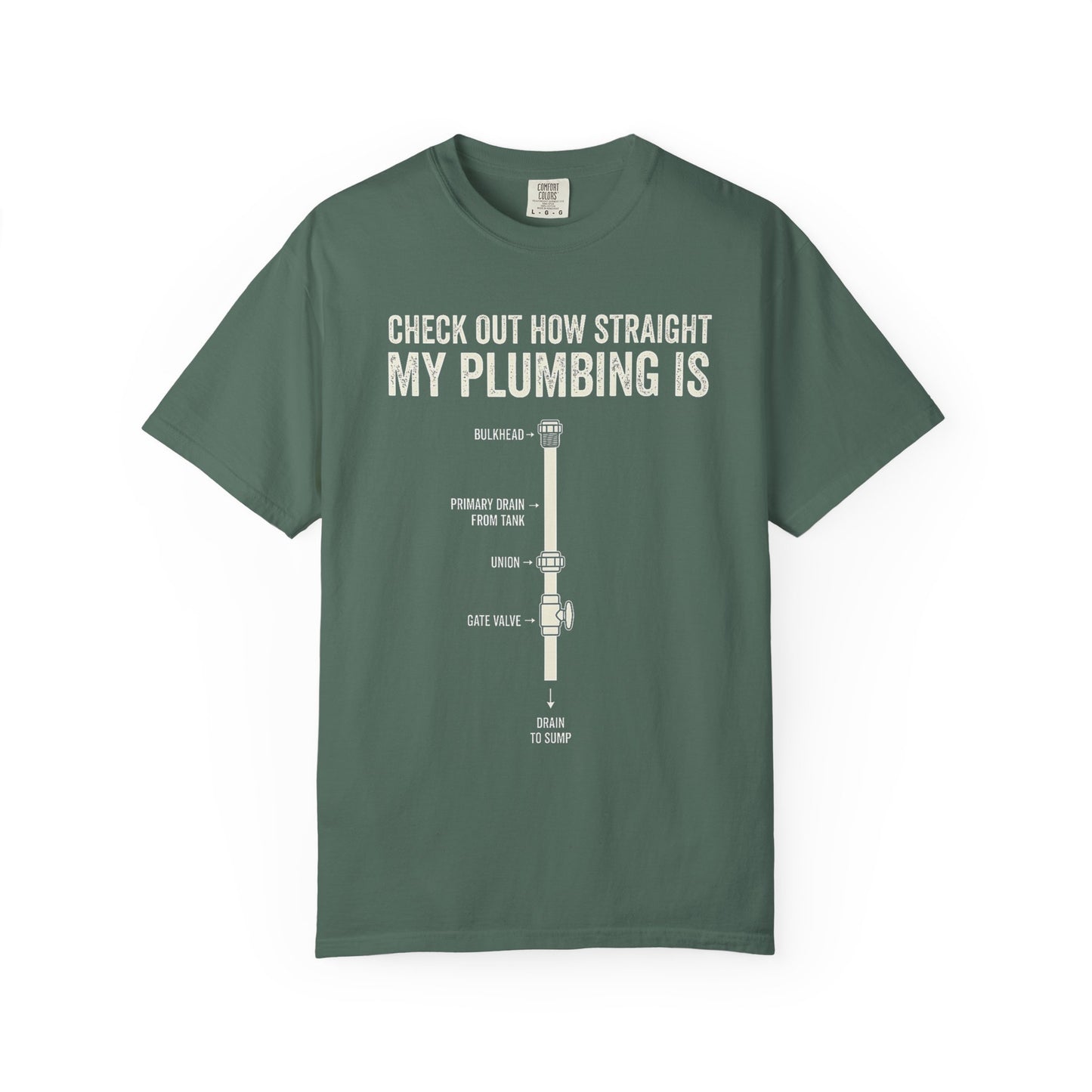 Broke Reefers graphic t-shirt featuring a plumbing diagram illustration with the text: CHECK OUT HOW STRAIGHT MY PLUMBING IS, military geen crew neck tee
