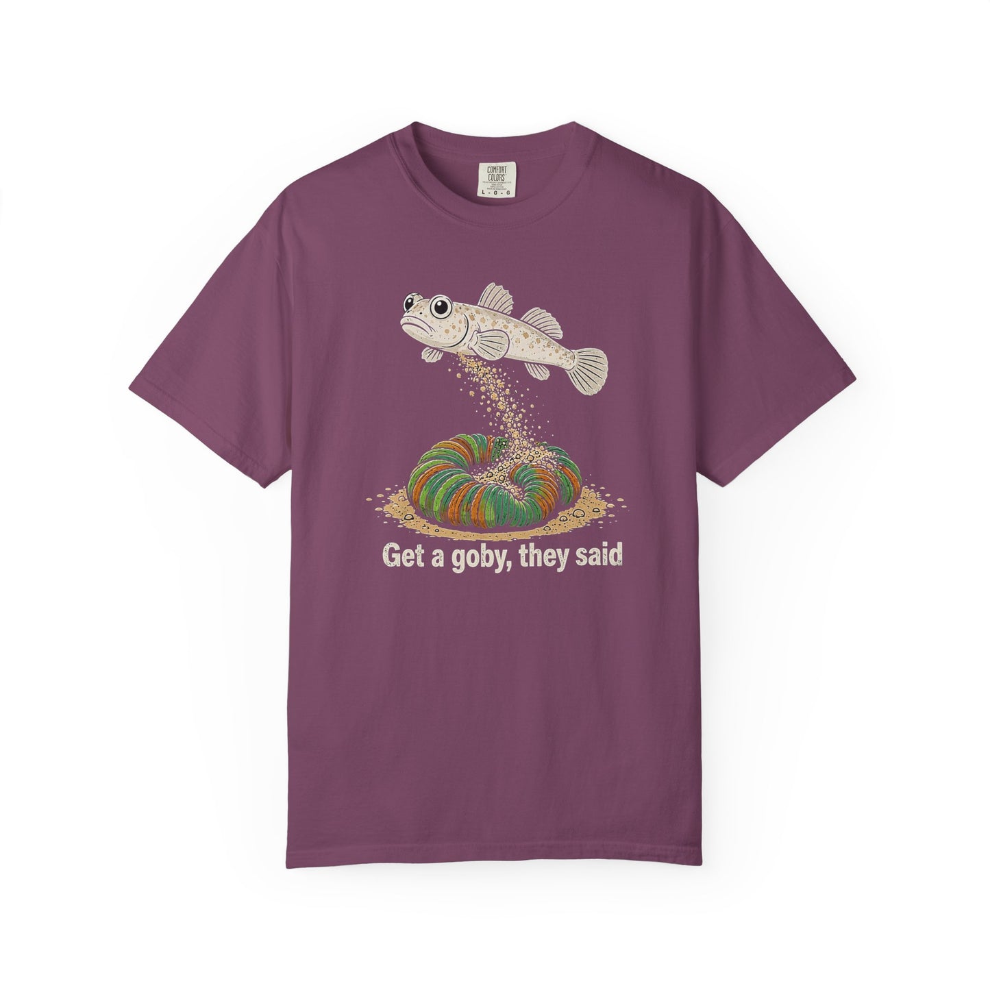 Broke Reefers saltwater aquarium graphic t-shirt featuring an illustration of a goby sifting sand over a coral with the text: Get a goby, they said, purple crew neck tee