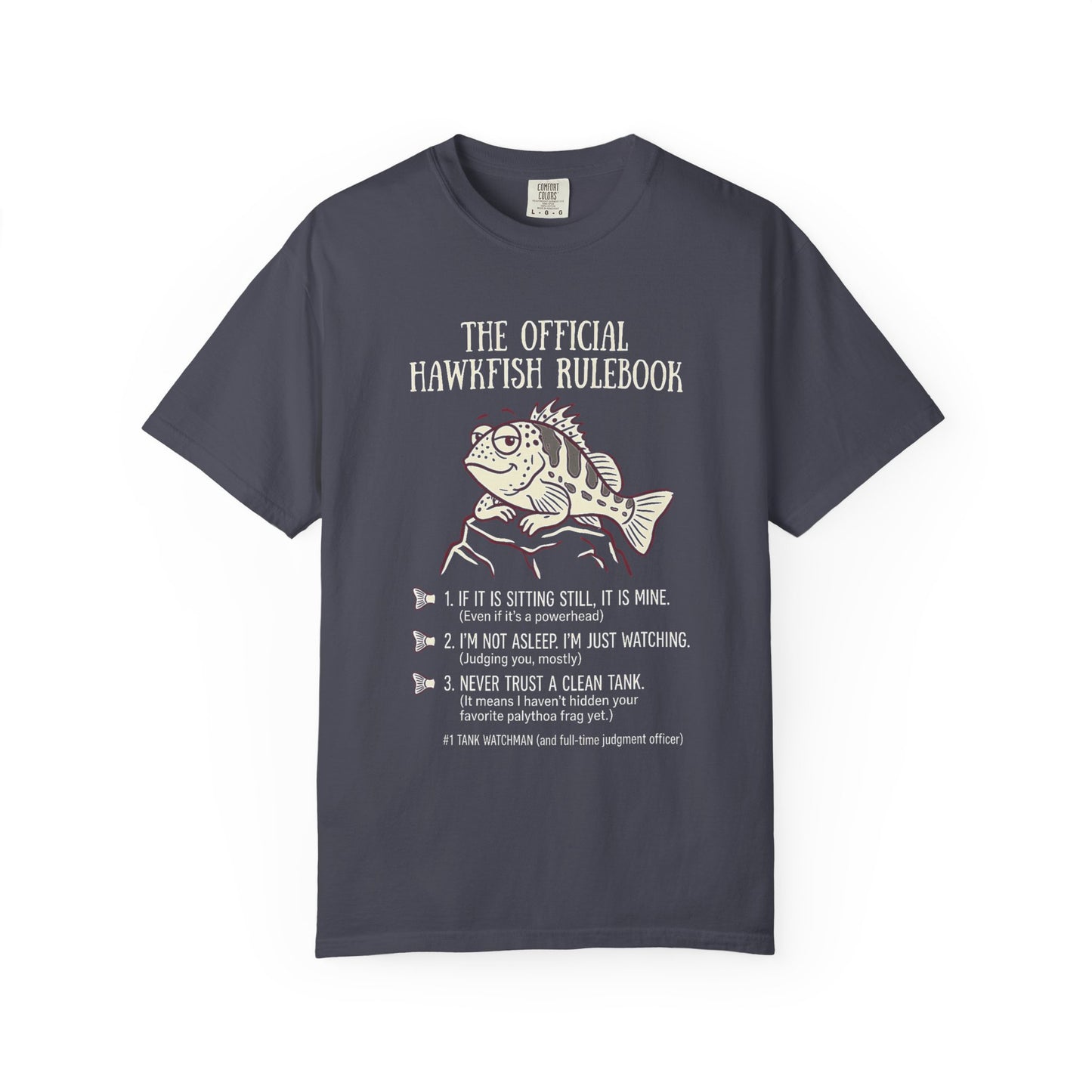 Broke Reefers saltwater aquarium graphic t-shirt featuring a witty rulebook illustration of a hawkfish with the text: THE OFFICIAL HAWKFISH RULEBOOK, navy crew neck tee