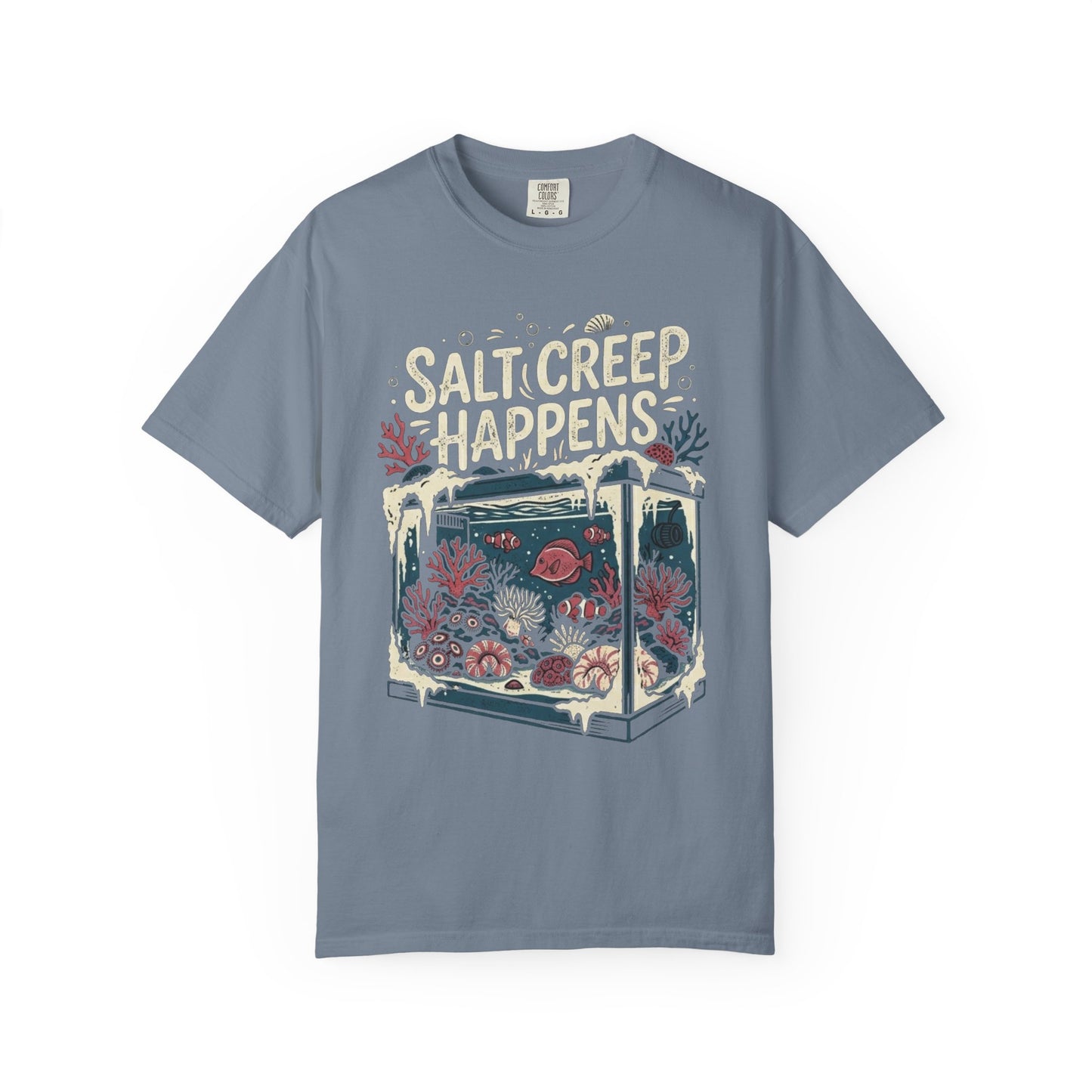 Broke Reefers saltwater aquarium graphic t-shirt featuring an illustration of a reef tank with white salt creep buildup and the text: SALT CREEP HAPPENS, blue crew neck tee