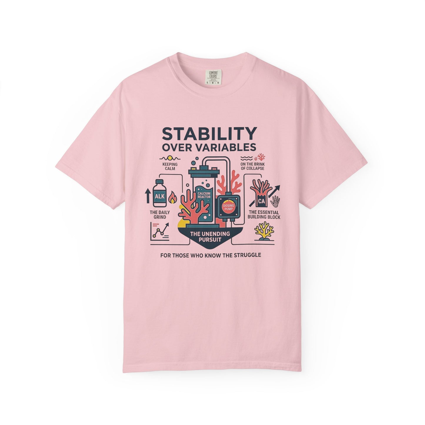 Broke Reefers saltwater aquarium graphic t-shirt featuring a detailed technical infographic illustration of reef stability components with the text: STABILITY OVER VARIABLES. THE UNENDING PURSUIT. FOR THOSE WHO KNOW THE STRUGGLE, pink crew neck tee