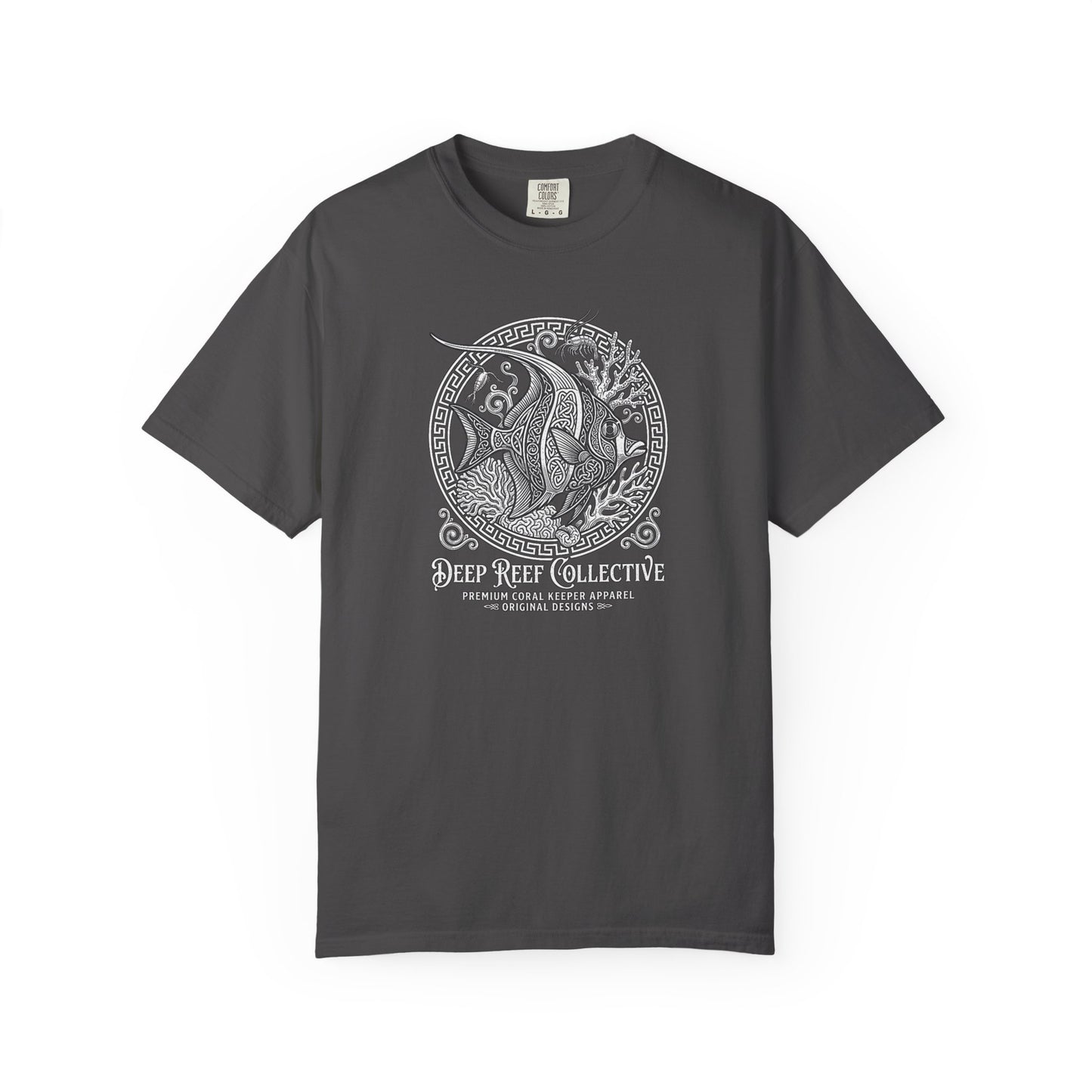 Deep Reef Collective premium graphic t-shirt featuring an intricate, knotwork-style illustration of a Moorish Idol (Zanclus cornutus) within a circular frame, dark khaki crew neck tee