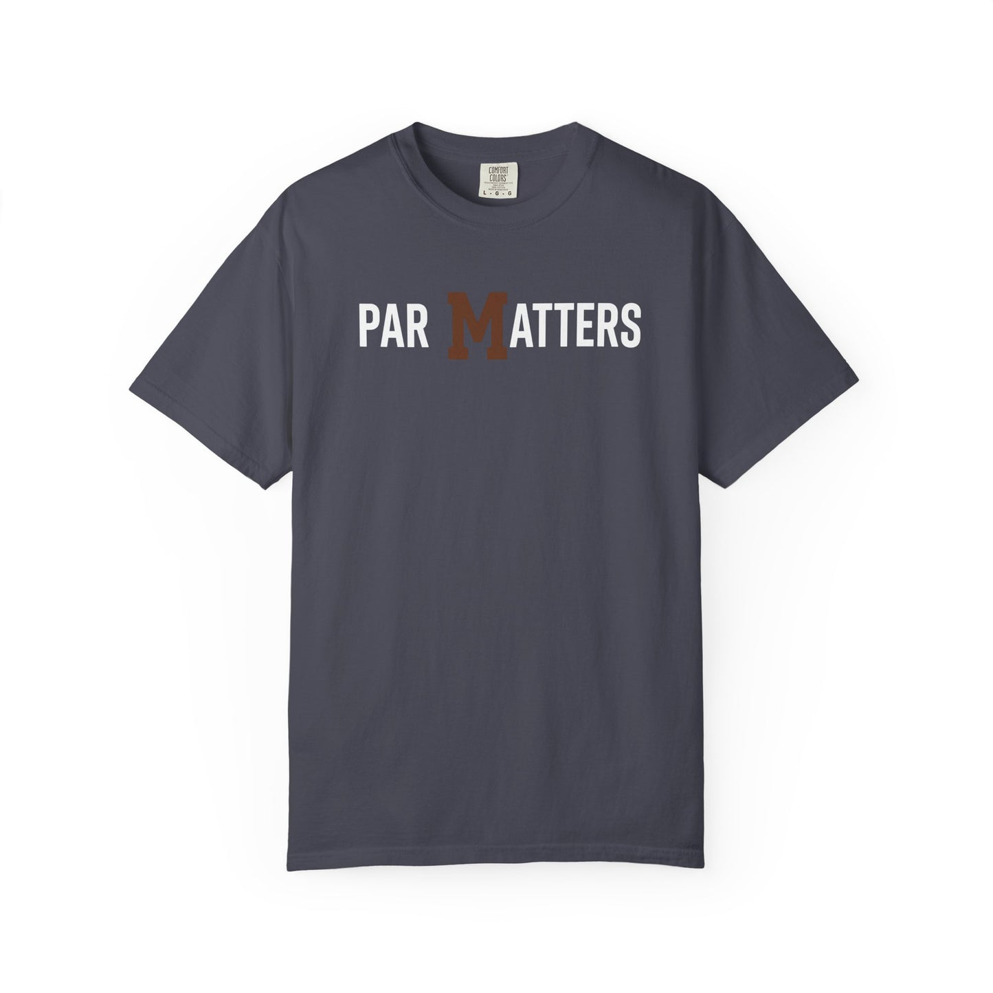 Broke Reefers graphic t-shirt featuring a minimalist text design that reads: PAR MATTERS, navy crew neck tee