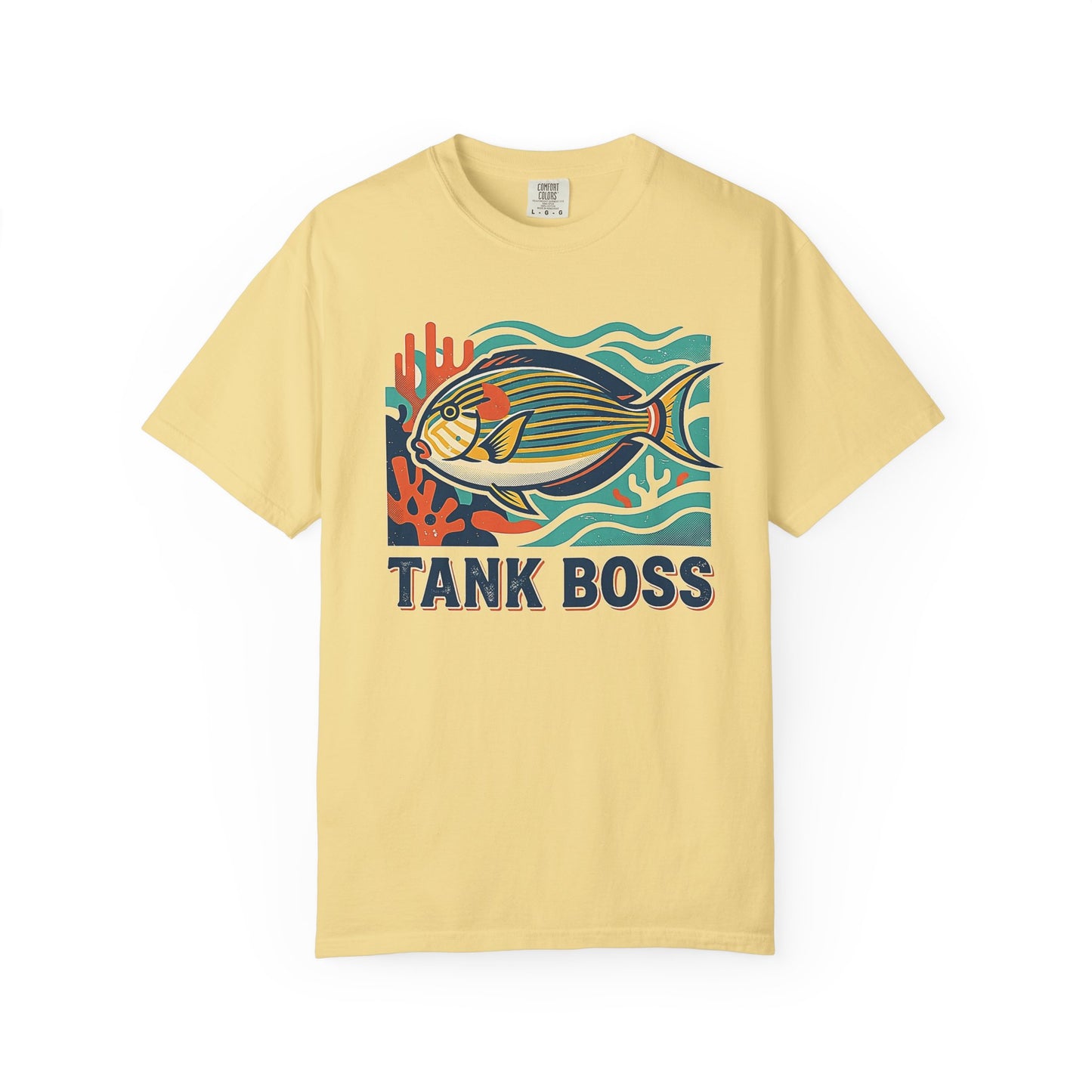 Broke Reefers saltwater aquarium graphic t-shirt featuring a stylized graphic illustration of a Lined Surgeonfish on coral with the text: TANK BOSS, yellow crew neck tee