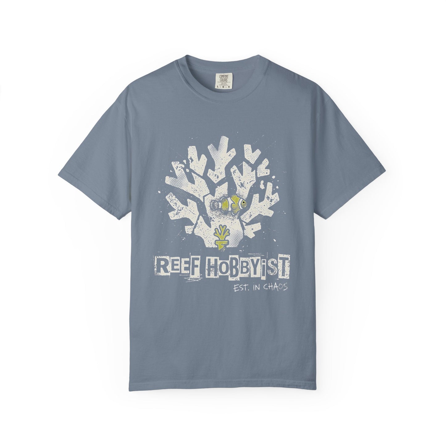 Broke Reefers graphic t-shirt featuring a bold silhouette illustration of a clownfish and coral with the text: REEF HOBBYIST, EST. IN CHAOS, blue crew neck tee